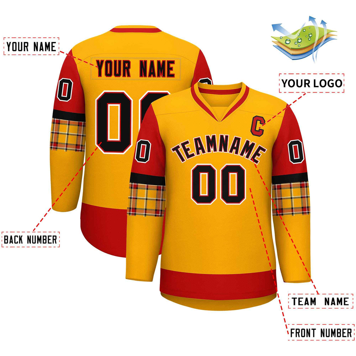 Custom Yellow Red-Black Personalized Raglan Sleeves V-Neck Hockey Jersey | KXKSHOP