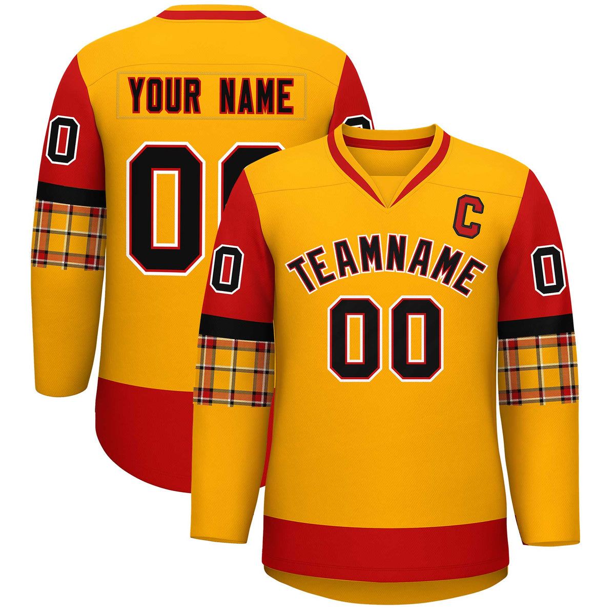 Custom Yellow Red-Black Personalized Raglan Sleeves V-Neck Hockey Jersey | KXKSHOP