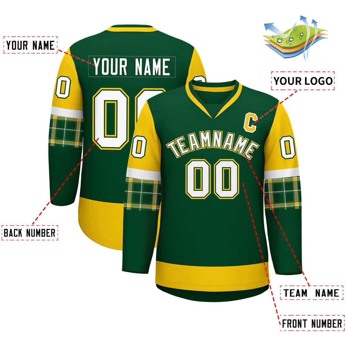 Custom Green Gold-White Personalized Raglan Sleeves V-Neck Hockey Jersey | KXKSHOP