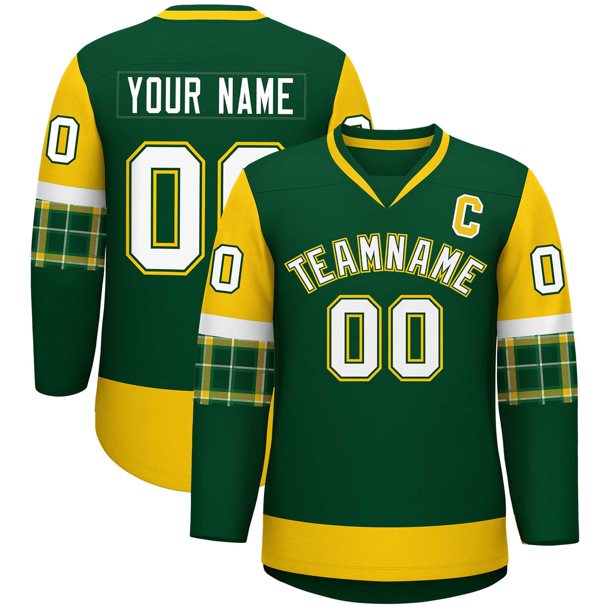 Custom Green Gold-White Personalized Raglan Sleeves V-Neck Hockey Jersey | KXKSHOP