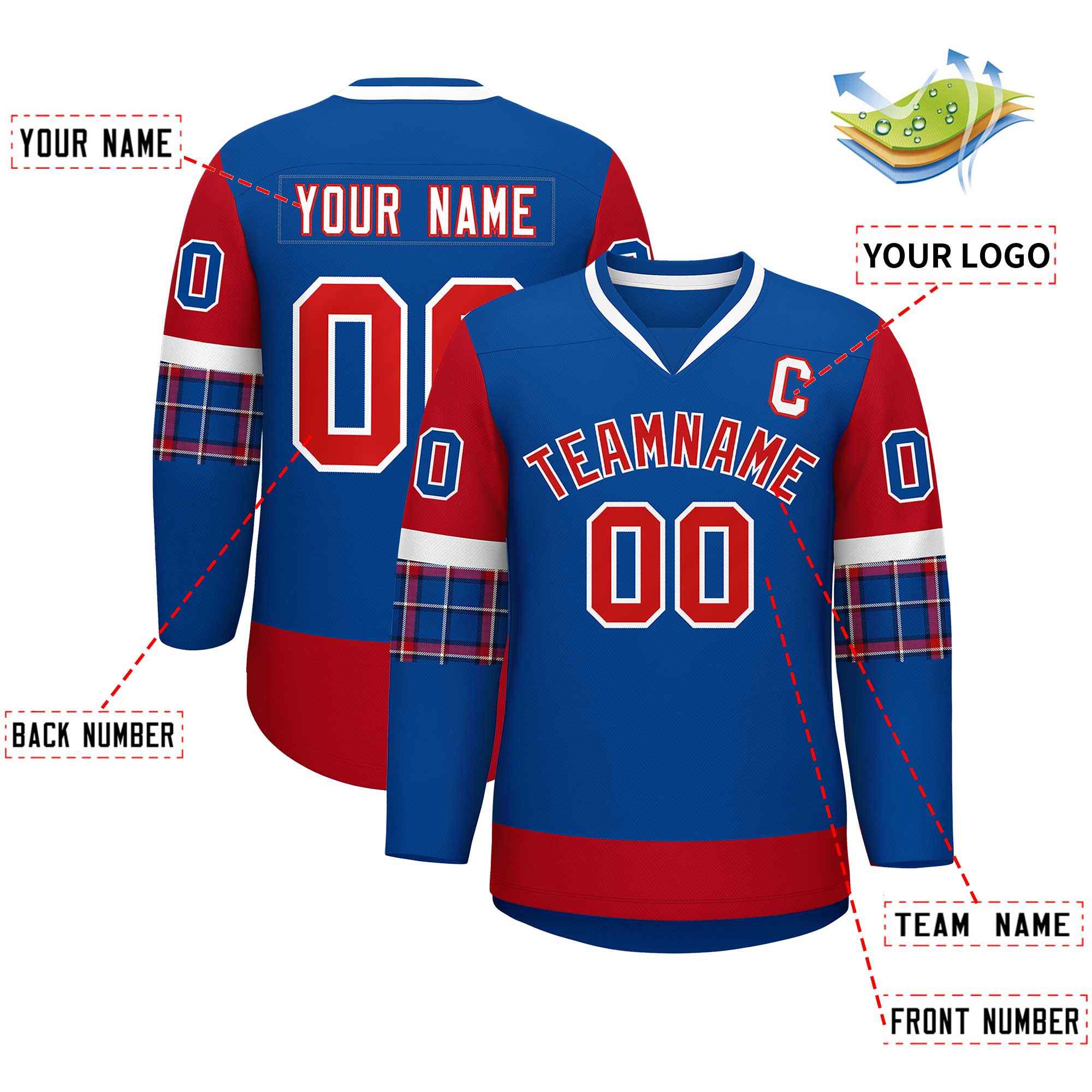 Custom Royal Red-White Personalized Raglan Sleeves V-Neck Hockey Jersey | KXKSHOP