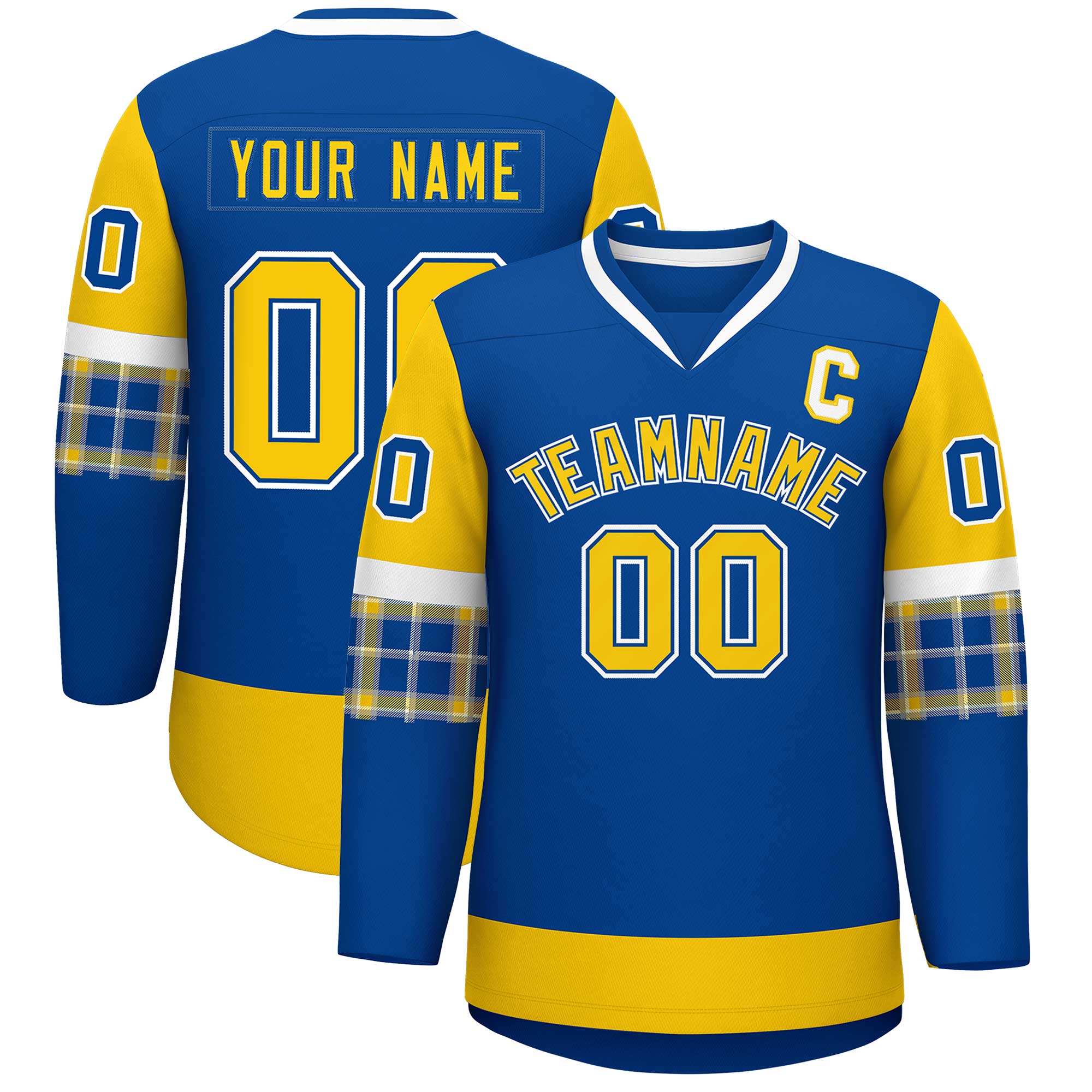 Custom Royal Gold-White Personalized Raglan Sleeves V-Neck Hockey Jersey | KXKSHOP