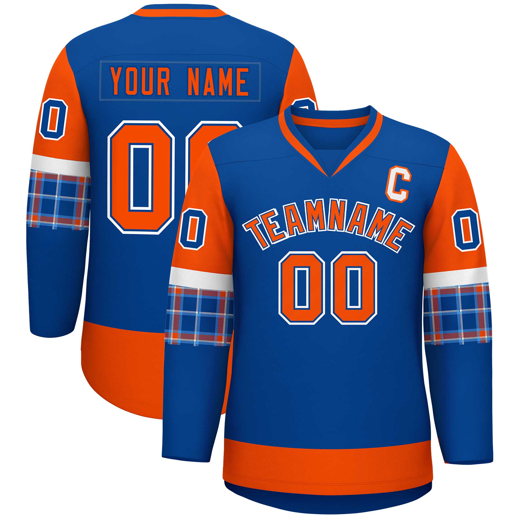 Custom Royal Orange-White Personalized Raglan Sleeves V-Neck Hockey Jersey | KXKSHOP