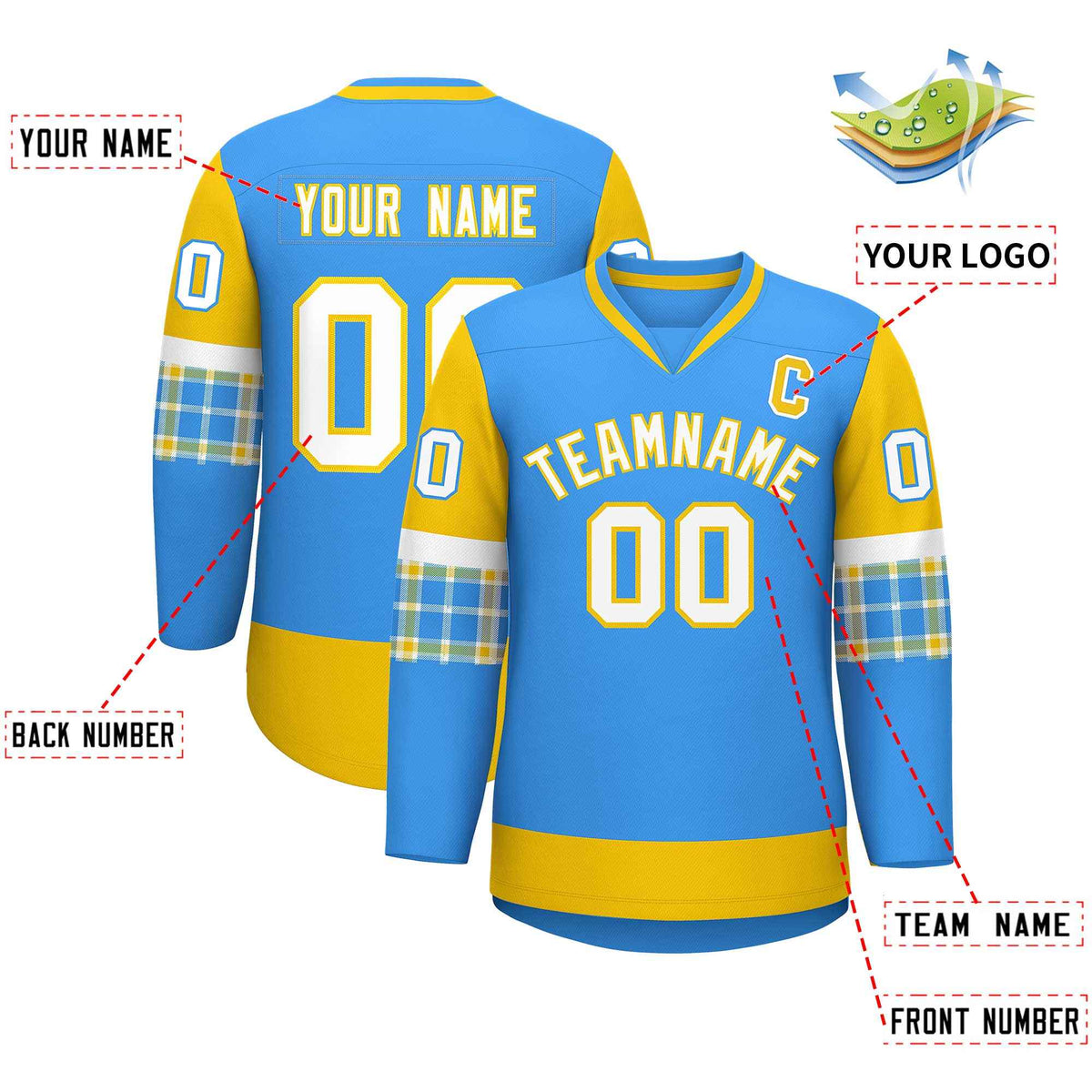 Custom Powder Blue Gold-White Personalized Raglan Sleeves V-Neck Hockey Jersey | KXKSHOP