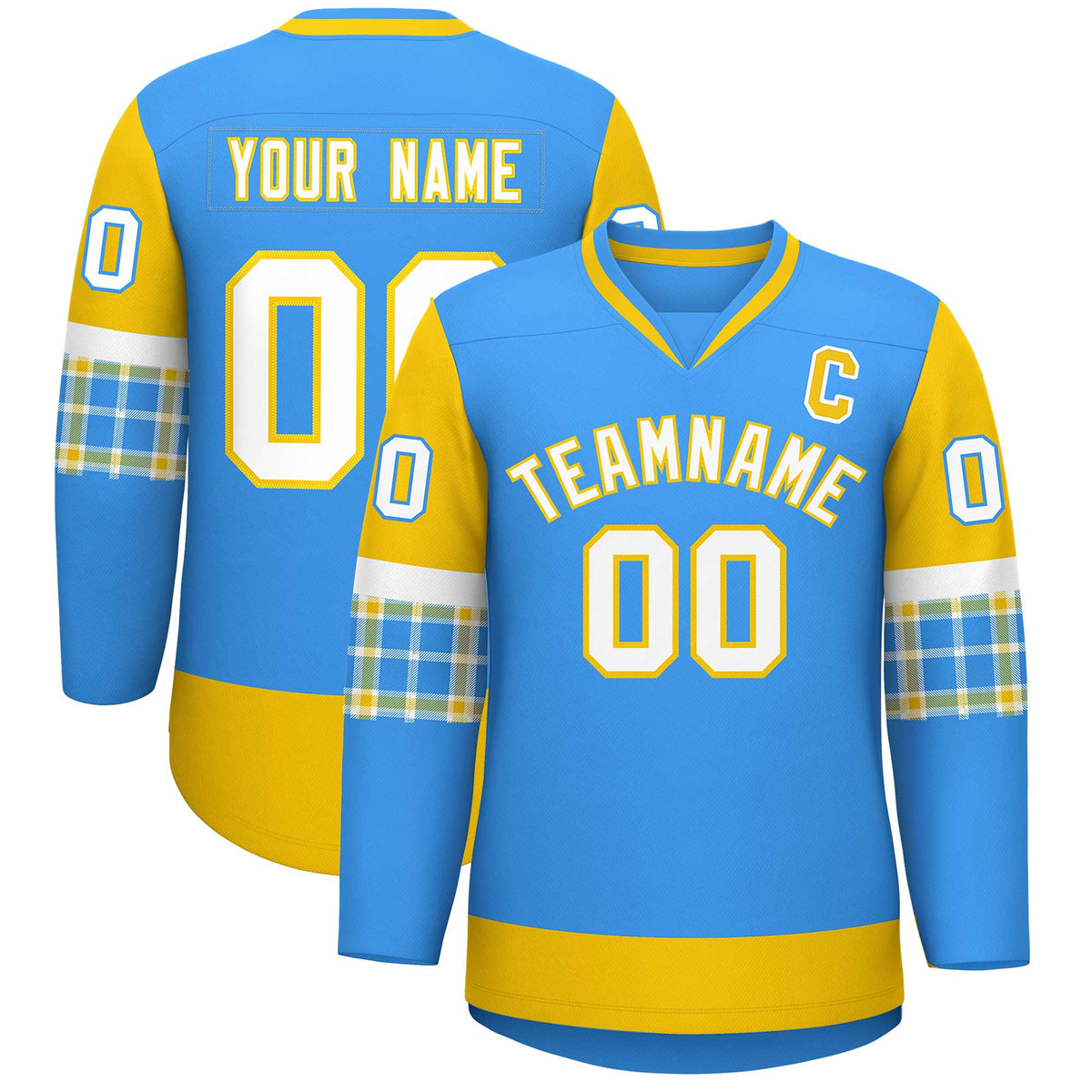 Custom Powder Blue Gold-White Personalized Raglan Sleeves V-Neck Hockey Jersey | KXKSHOP