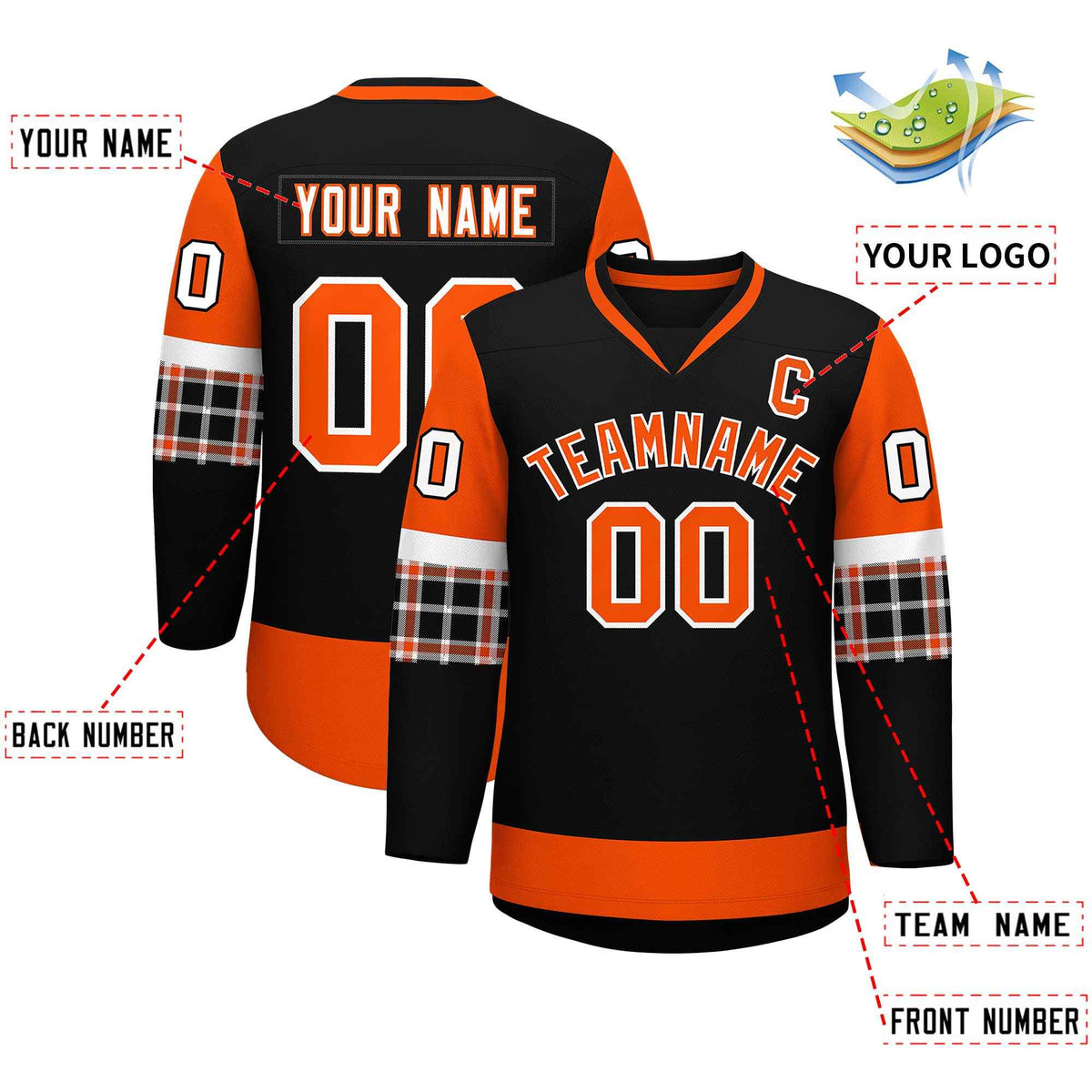 Custom Black Orange-White Personalized Raglan Sleeves V-Neck Hockey Jersey | KXKSHOP