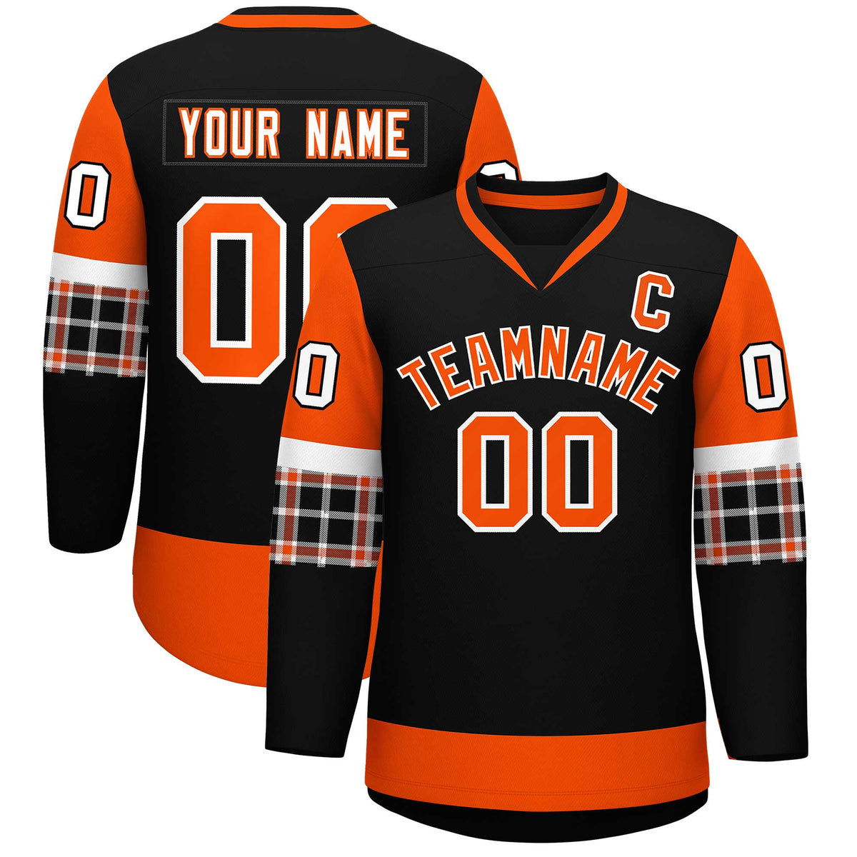Custom Black Orange-White Personalized Raglan Sleeves V-Neck Hockey Jersey | KXKSHOP