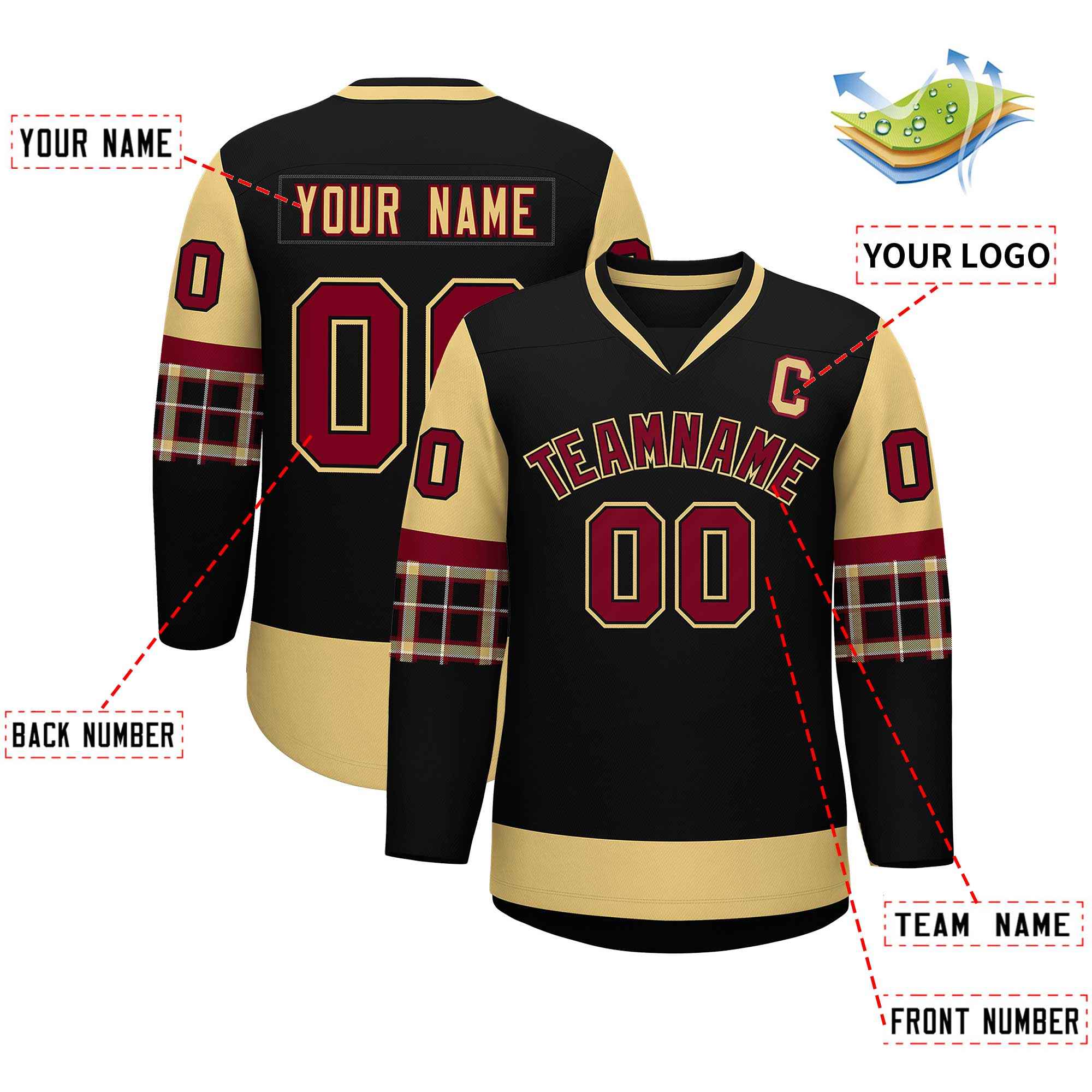 Custom Black Khaki-Crimson Personalized Raglan Sleeves V-Neck Hockey Jersey | KXKSHOP