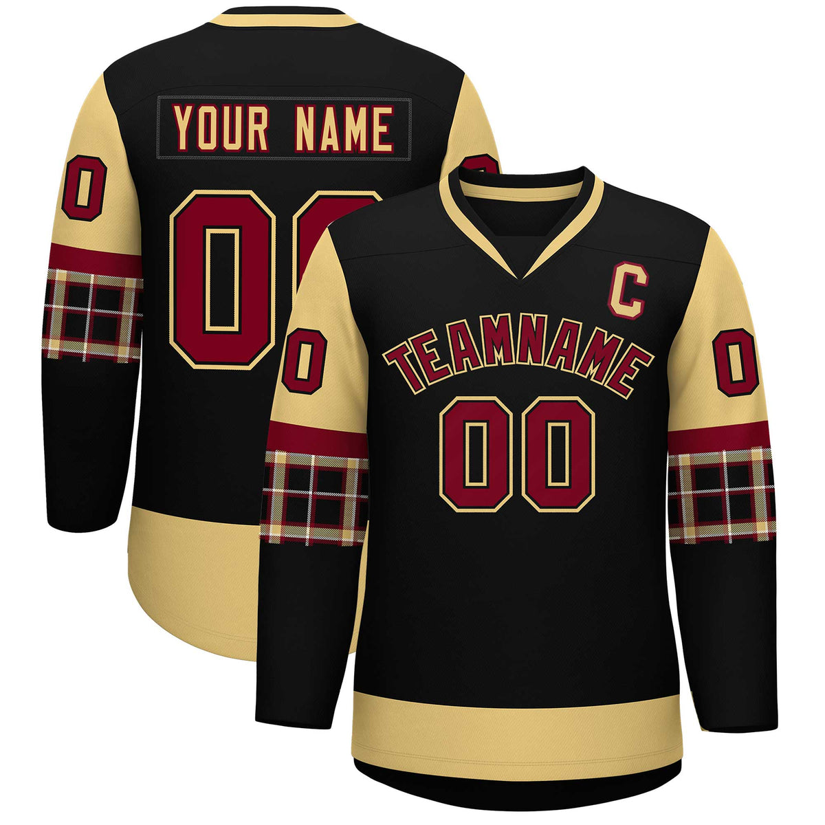 Custom Black Khaki-Crimson Personalized Raglan Sleeves V-Neck Hockey Jersey | KXKSHOP