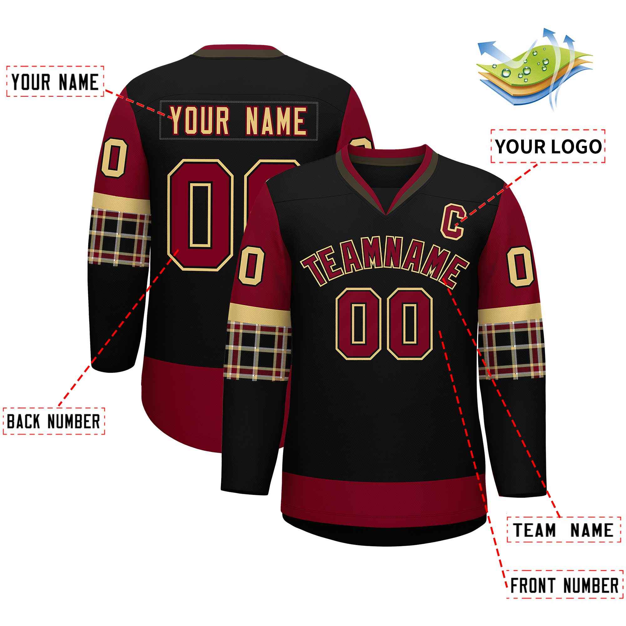 Custom Black Crimson-Khaki Personalized Raglan Sleeves V-Neck Hockey Jersey | KXKSHOP