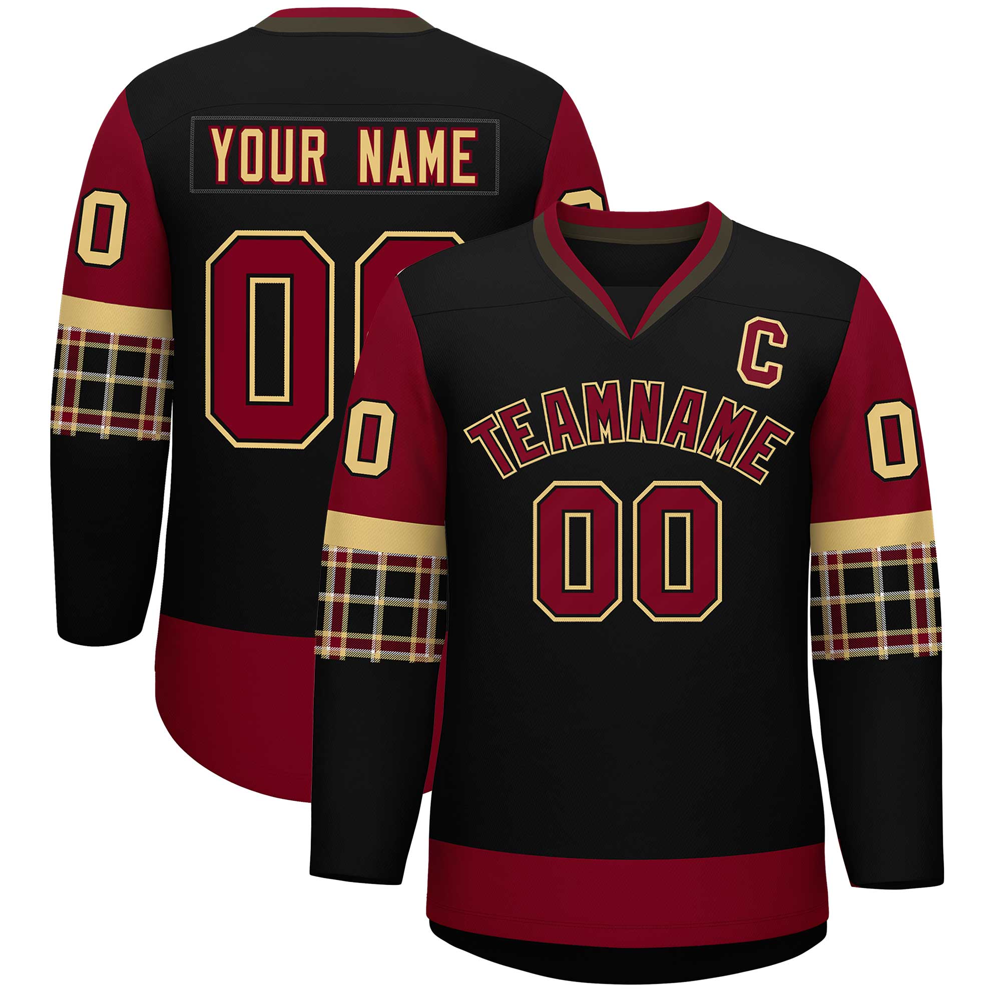 Custom Black Crimson-Khaki Personalized Raglan Sleeves V-Neck Hockey Jersey | KXKSHOP