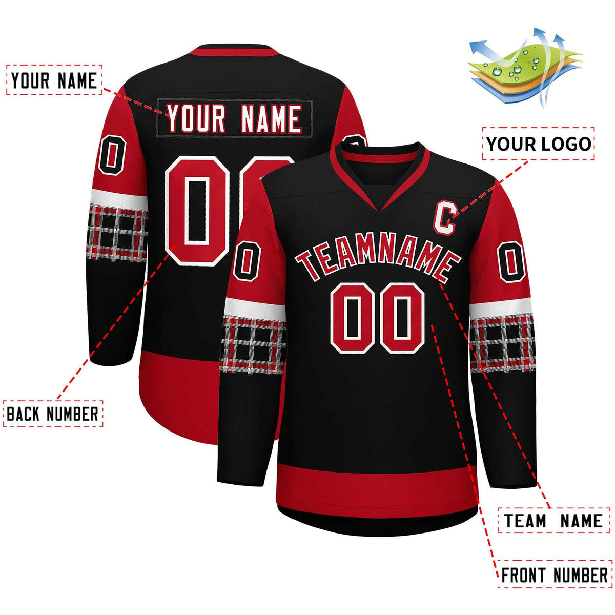 Custom Black Red-White Personalized Raglan Sleeves V-Neck Hockey Jersey | KXKSHOP