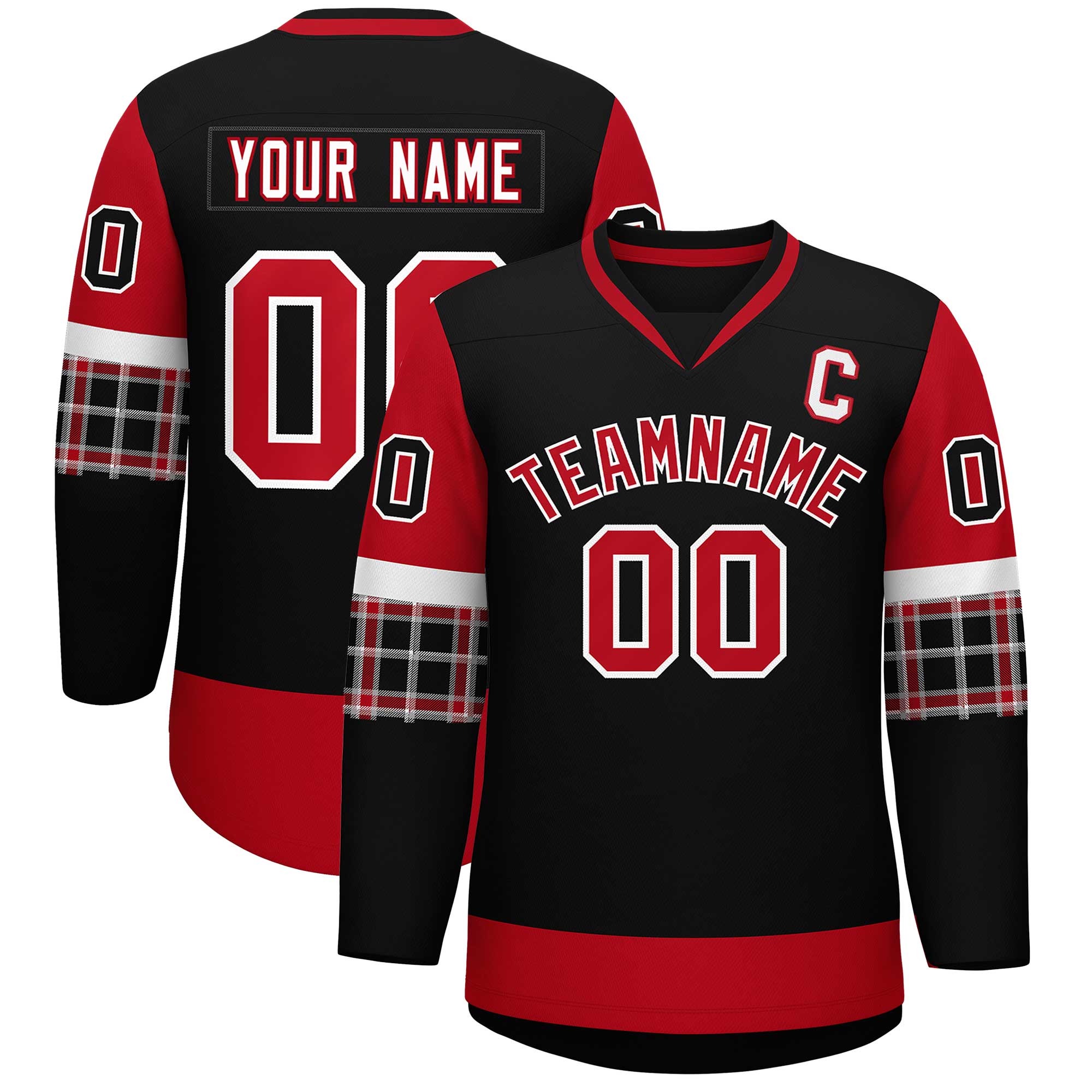 Custom Black Red-White Personalized Raglan Sleeves V-Neck Hockey Jersey | KXKSHOP