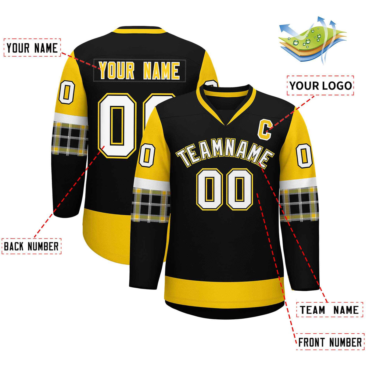 Custom Black Gold-White Personalized Raglan Sleeves V-Neck Hockey Jersey | KXKSHOP