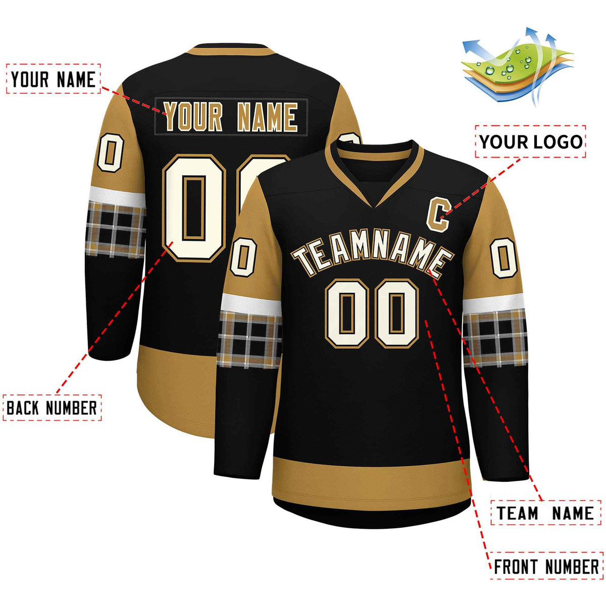 Custom Black Old Gold-White Personalized Raglan Sleeves V-Neck Hockey Jersey | KXKSHOP