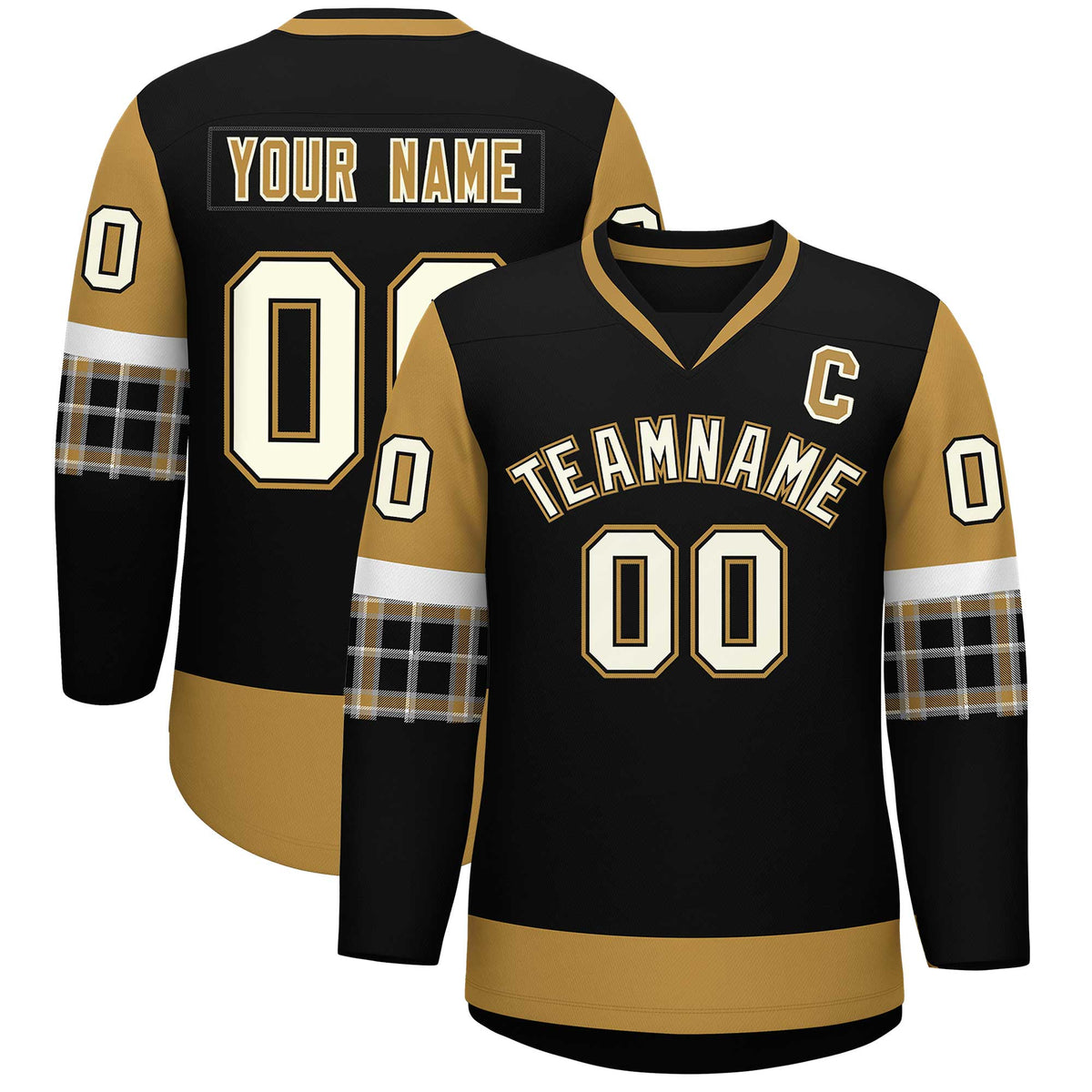 Custom Black Old Gold-White Personalized Raglan Sleeves V-Neck Hockey Jersey | KXKSHOP