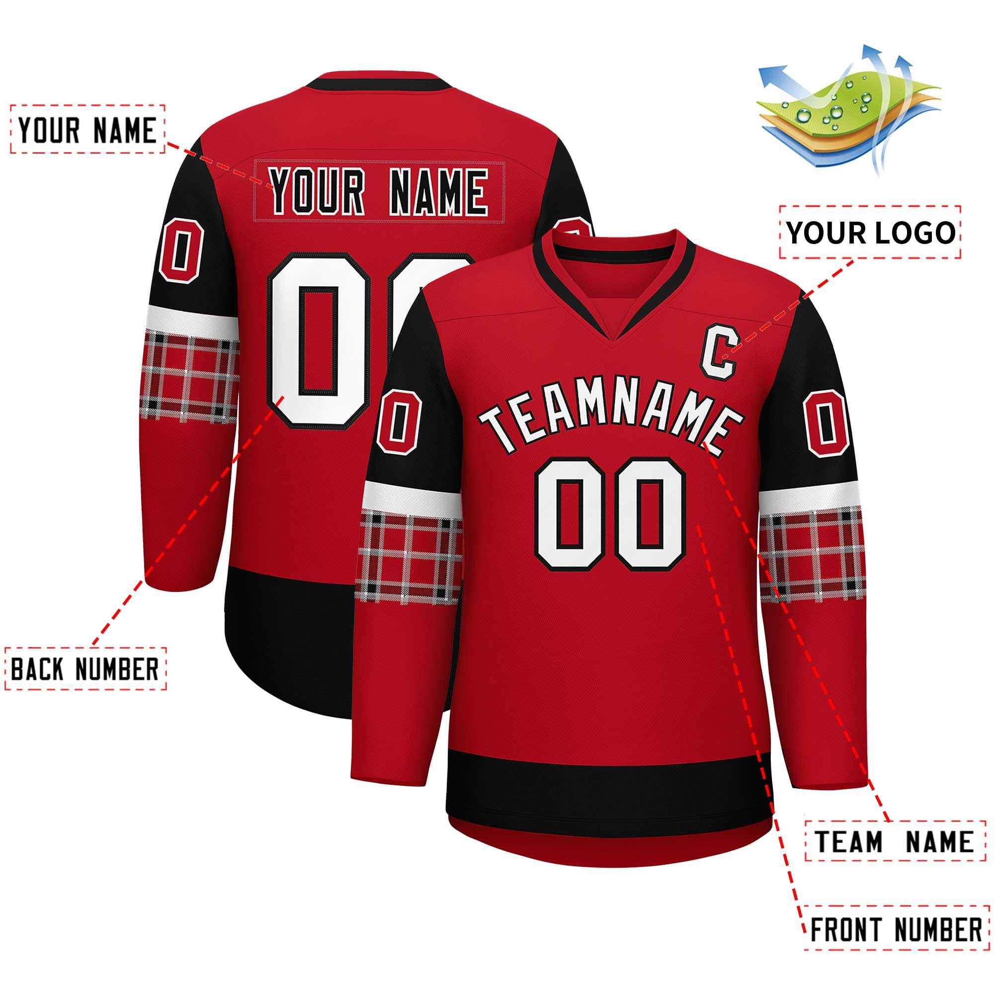 Custom Red Black-White Personalized Raglan Sleeves V-Neck Hockey Jersey | KXKSHOP