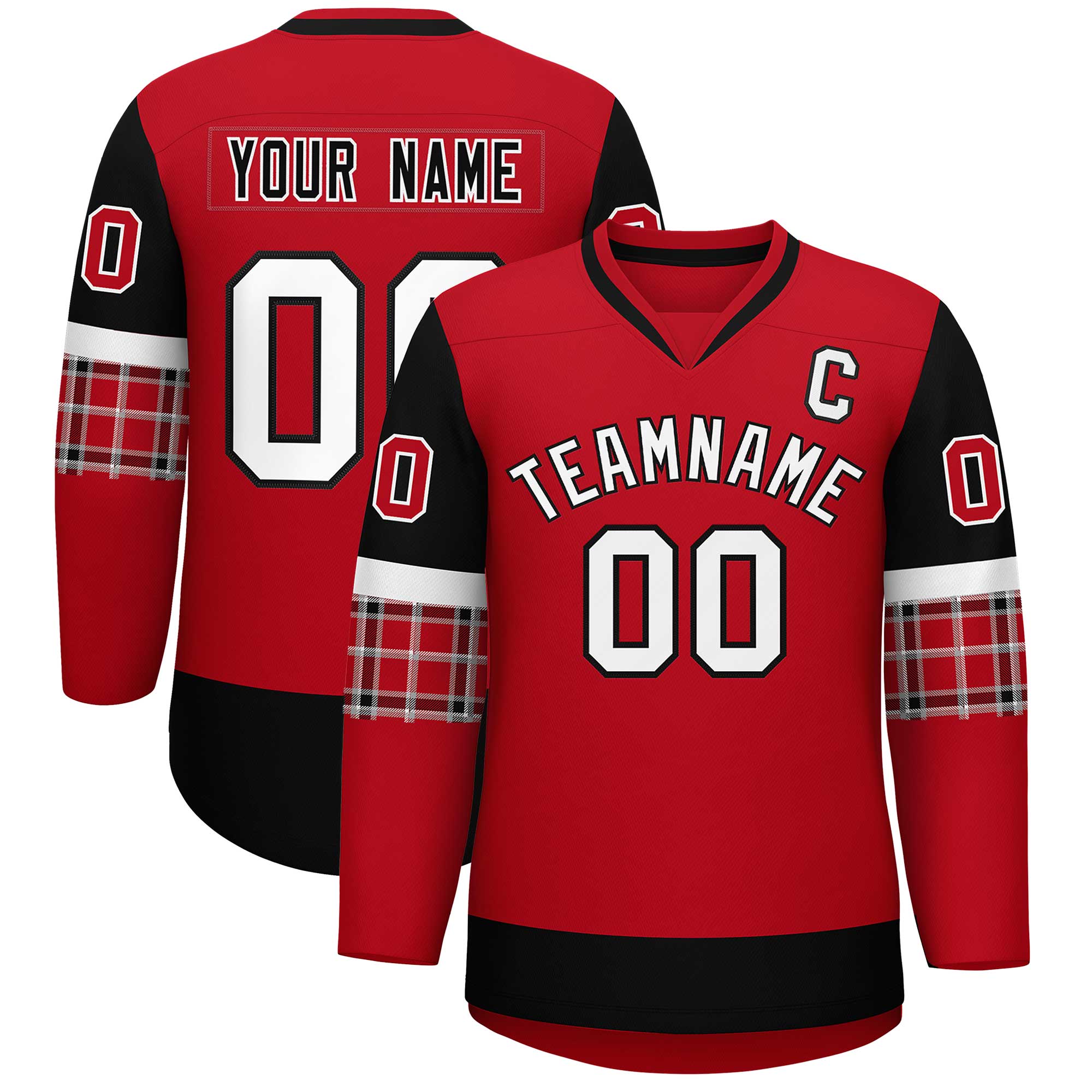 Custom Red Black-White Personalized Raglan Sleeves V-Neck Hockey Jersey | KXKSHOP