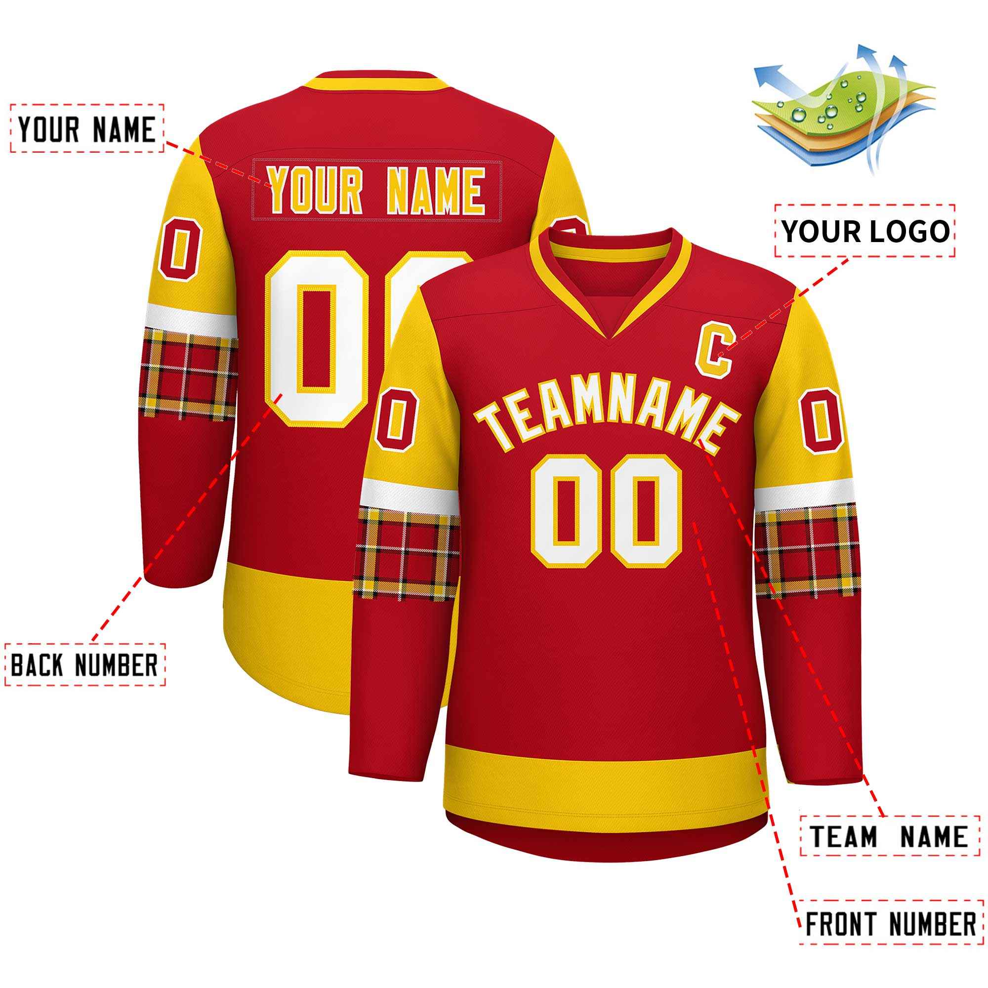 Custom Red Gold-White Personalized Raglan Sleeves V-Neck Hockey Jersey | KXKSHOP