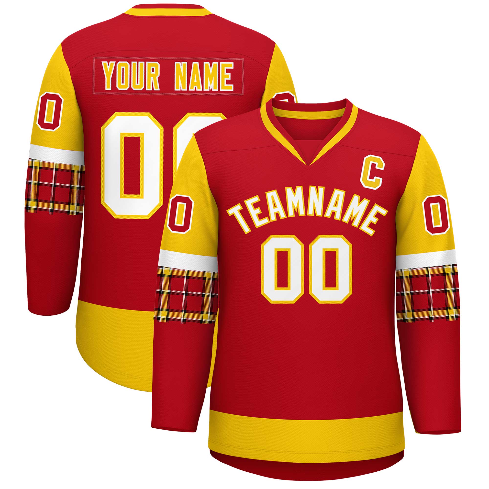 Custom Red Gold-White Personalized Raglan Sleeves V-Neck Hockey Jersey | KXKSHOP