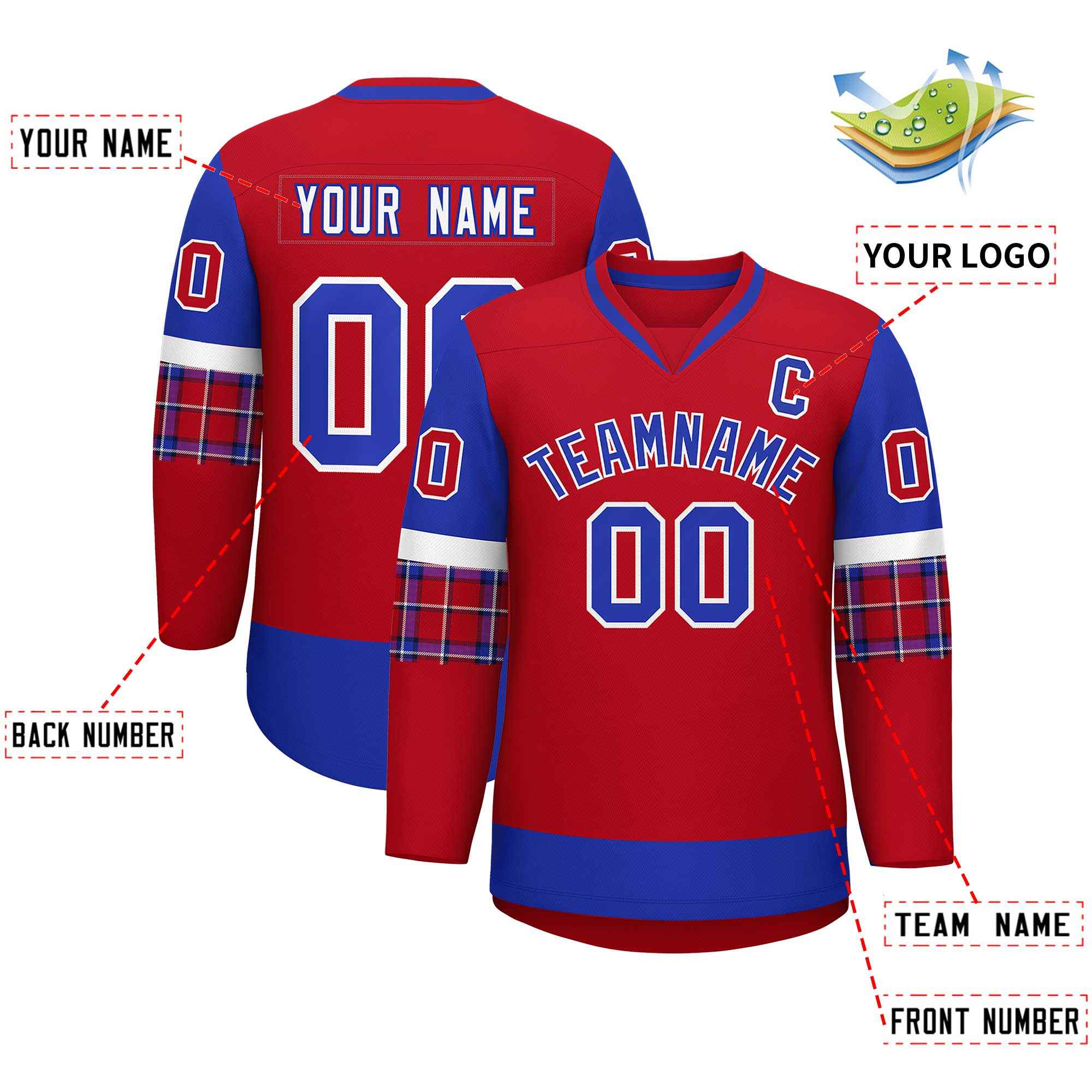 Custom Red Royal-White Personalized Raglan Sleeves V-Neck Hockey Jersey | KXKSHOP