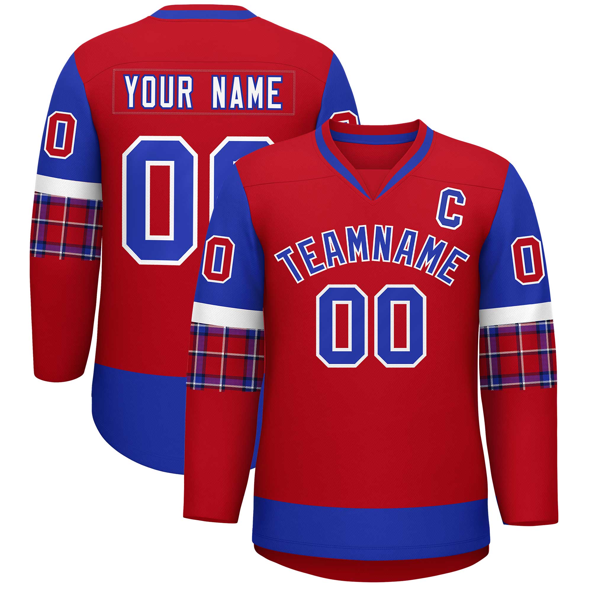Custom Red Royal-White Personalized Raglan Sleeves V-Neck Hockey Jersey | KXKSHOP