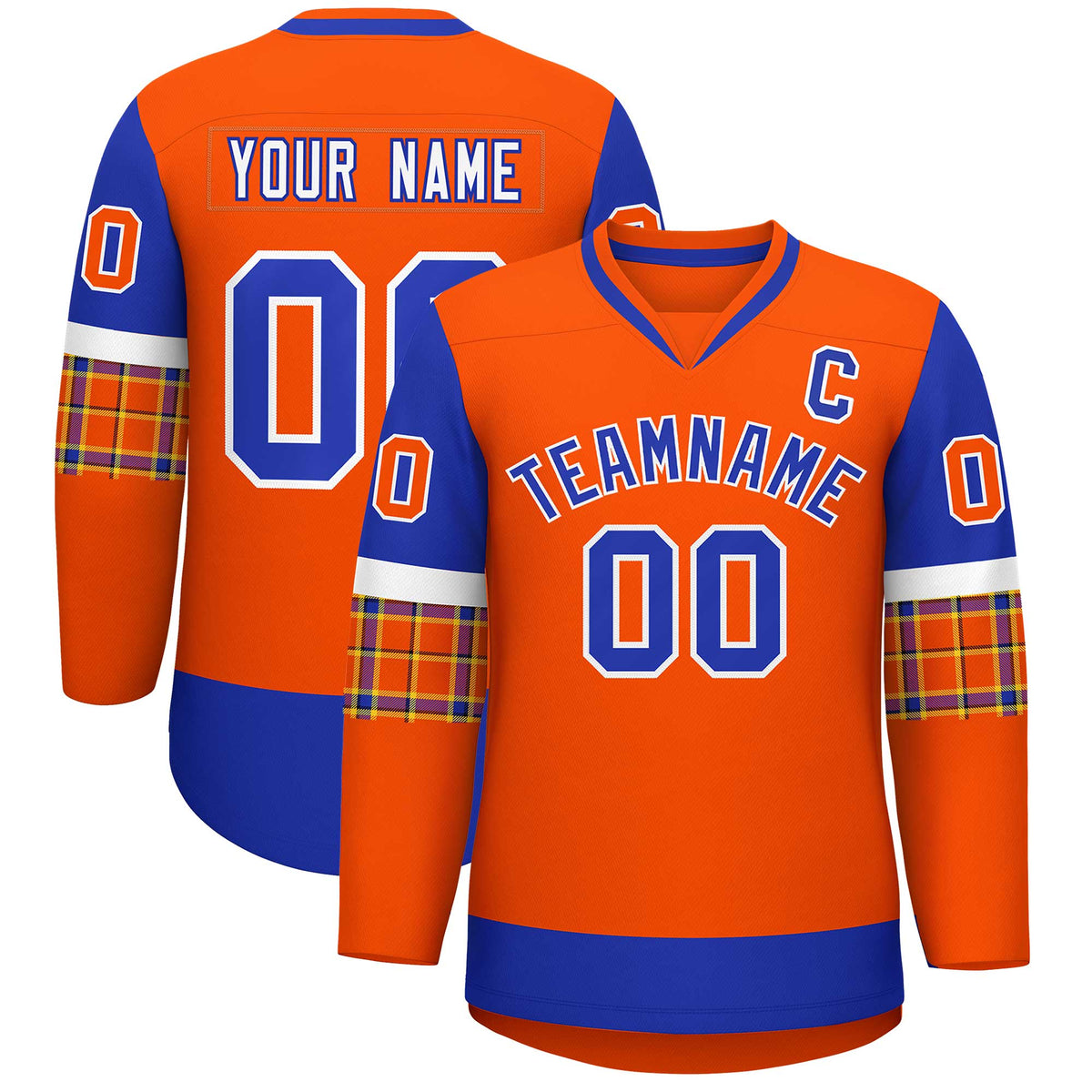 Custom Orange Royal-White Personalized Raglan Sleeves V-Neck Hockey Jersey | KXKSHOP