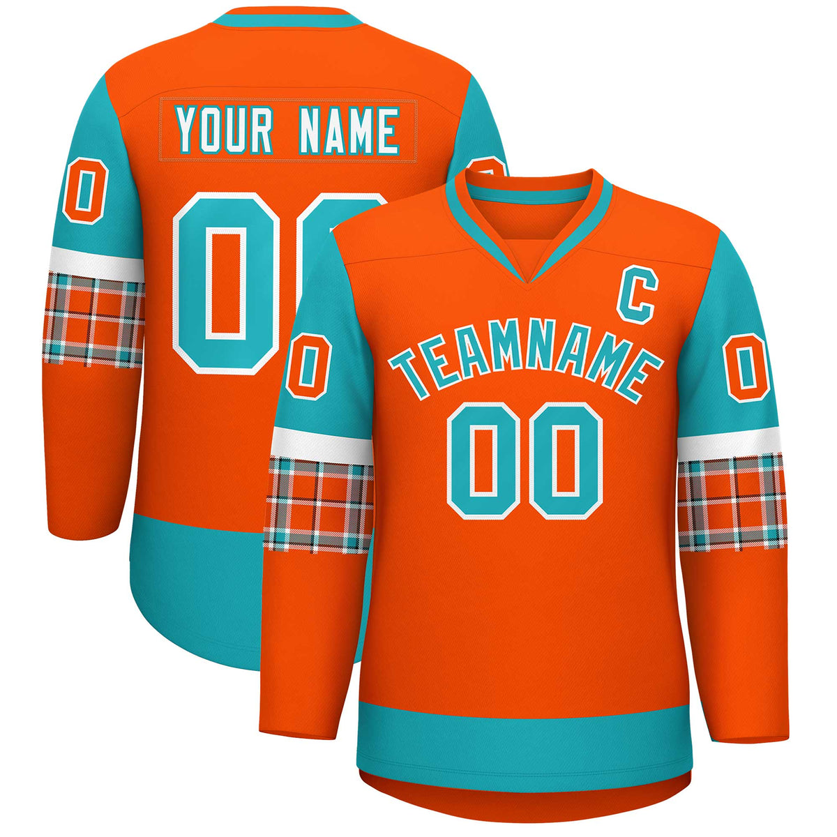 Custom Orange Aqua-White Personalized Raglan Sleeves V-Neck Hockey Jersey | KXKSHOP