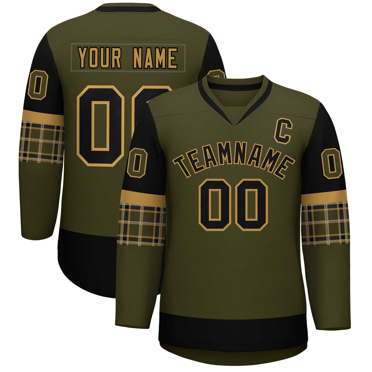 Custom Olive Black-Old Gold Personalized Raglan Sleeves V-Neck Hockey Jersey | KXKSHOP