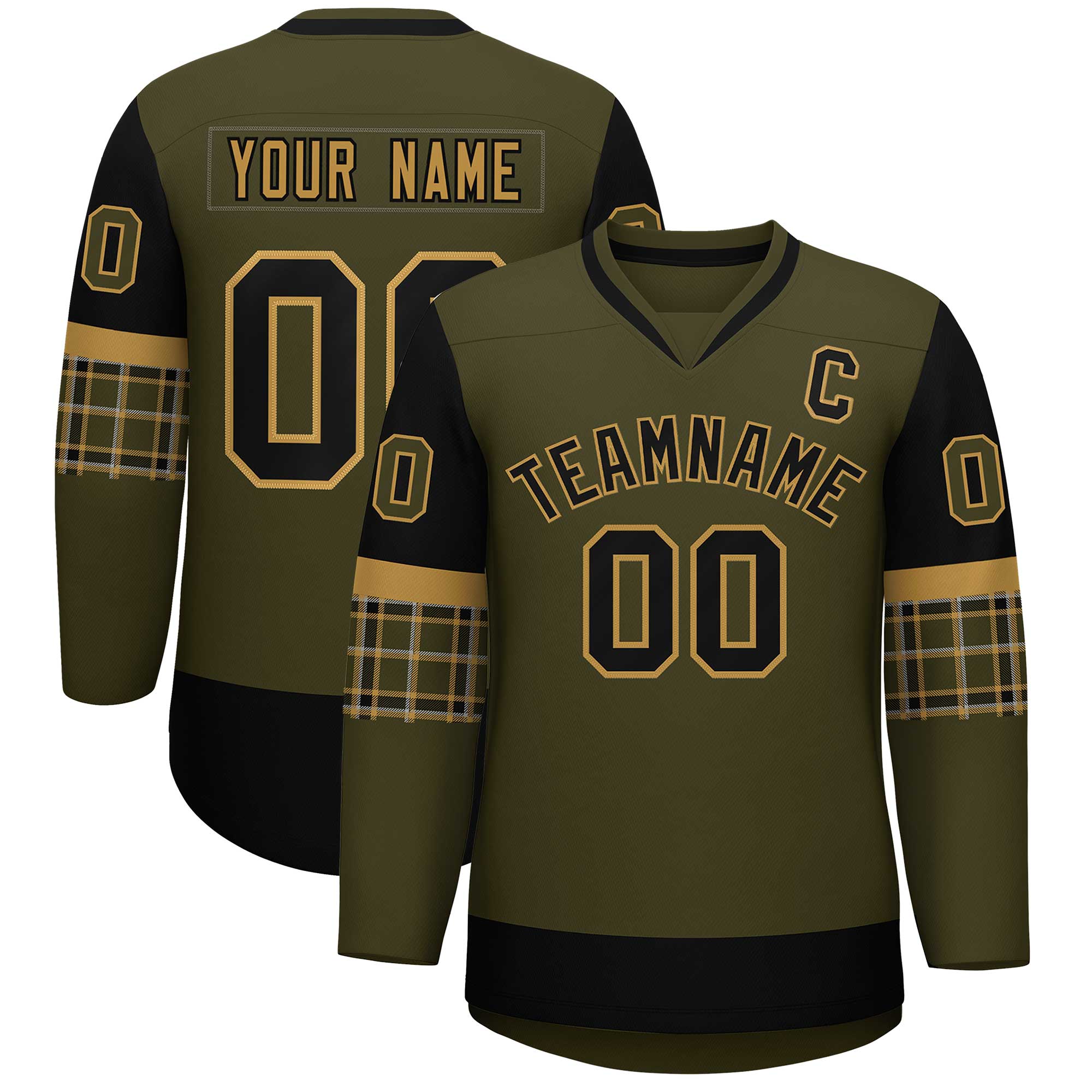 Custom Olive Black-Old Gold Personalized Raglan Sleeves V-Neck Hockey Jersey | KXKSHOP