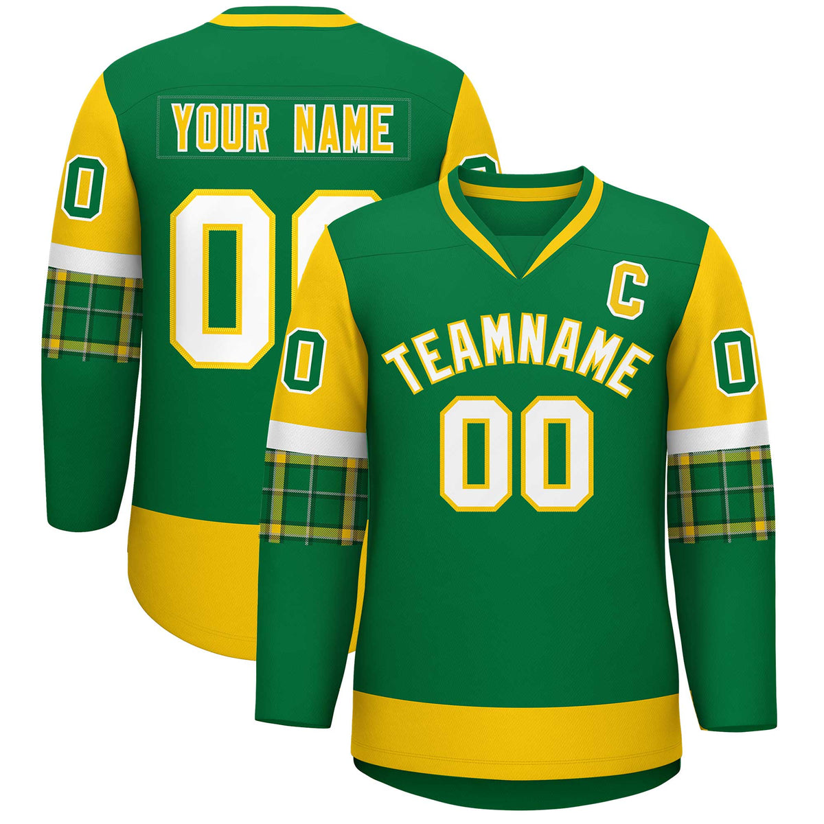 Custom Kelly Green Gold-White Personalized Raglan Sleeves V-Neck Hockey Jersey | KXKSHOP