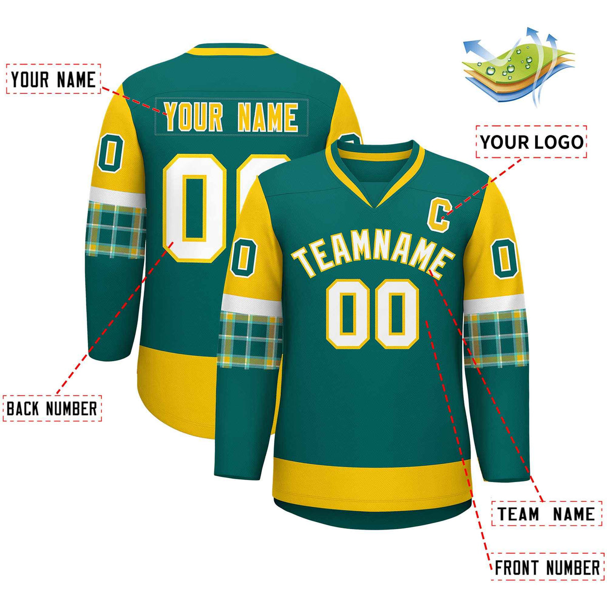 Custom Aqua Gold-White Personalized Raglan Sleeves V-Neck Hockey Jersey | KXKSHOP