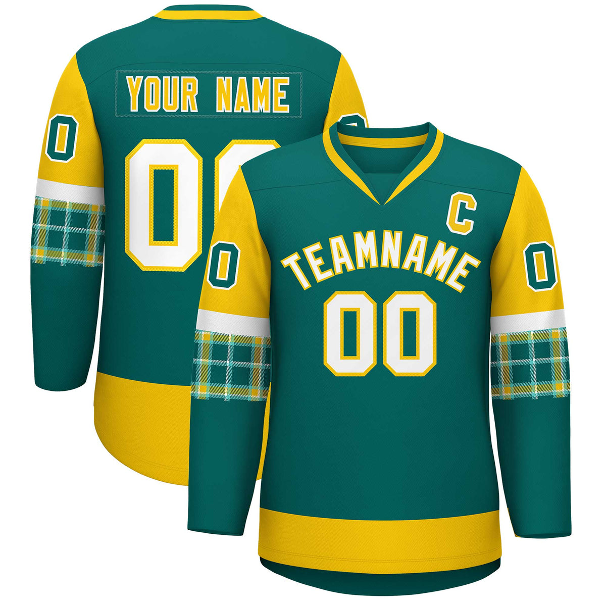 Custom Aqua Gold-White Personalized Raglan Sleeves V-Neck Hockey Jersey | KXKSHOP