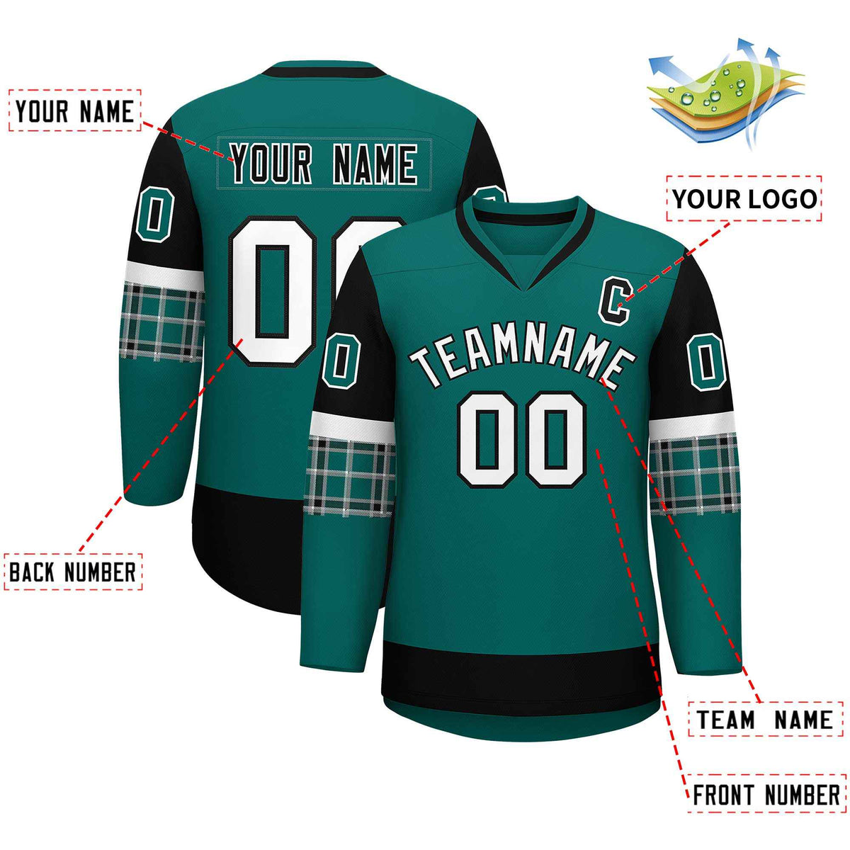 Custom Aqua Black-White Personalized Raglan Sleeves V-Neck Hockey Jersey | KXKSHOP
