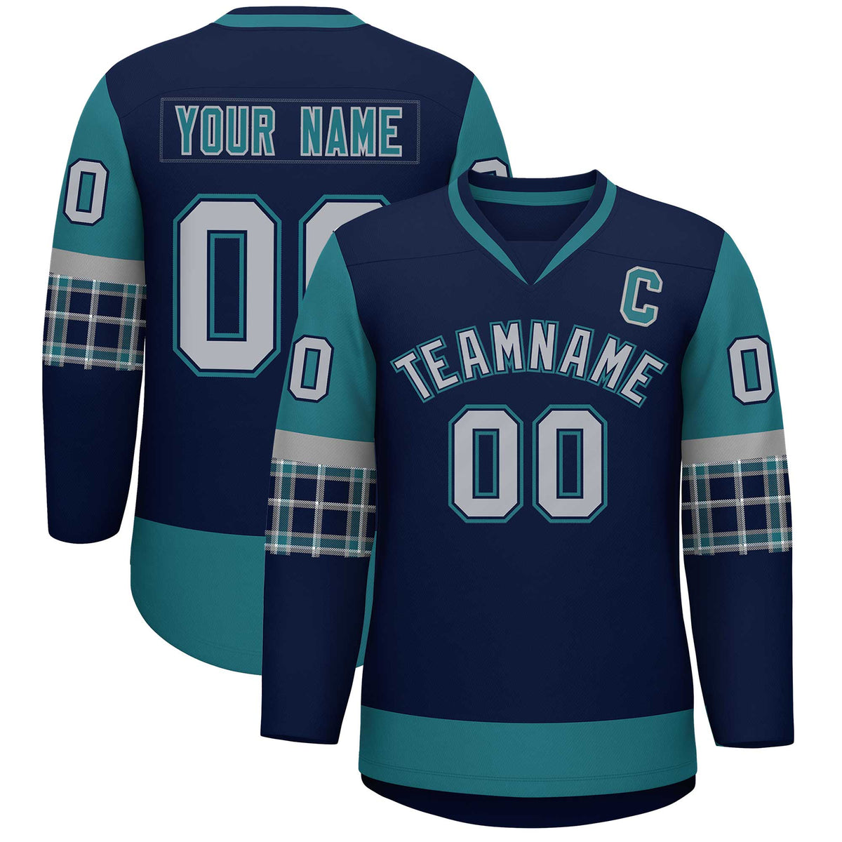 Custom Navy Aqua-Gray Personalized Raglan Sleeves V-Neck Hockey Jersey | KXKSHOP
