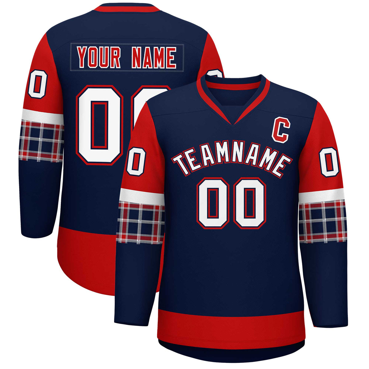 Custom Navy Red-White Personalized Raglan Sleeves V-Neck Hockey Jersey | KXKSHOP