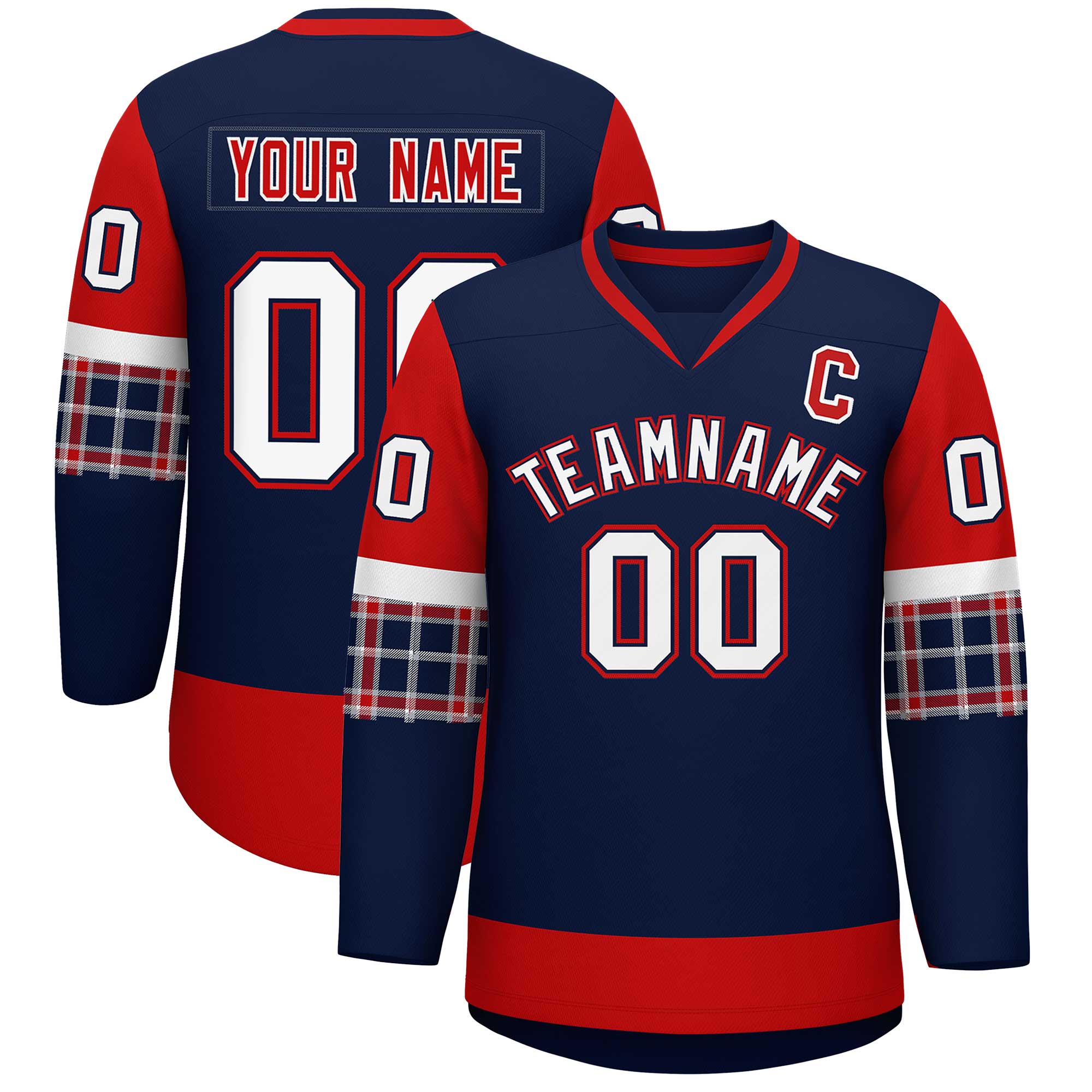 Custom Navy Red-White Personalized Raglan Sleeves V-Neck Hockey Jersey | KXKSHOP
