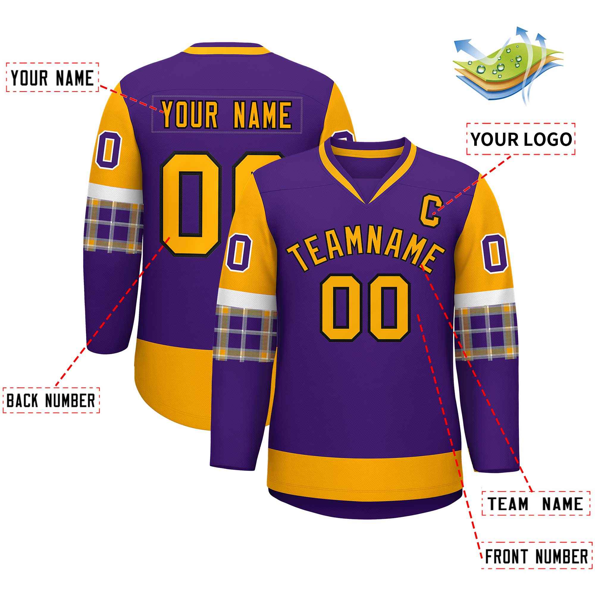 Custom Purple Yellow-White Personalized Raglan Sleeves V-Neck Hockey Jersey | KXKSHOP