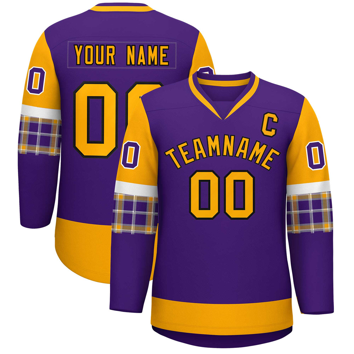 Custom Purple Yellow-White Personalized Raglan Sleeves V-Neck Hockey Jersey | KXKSHOP