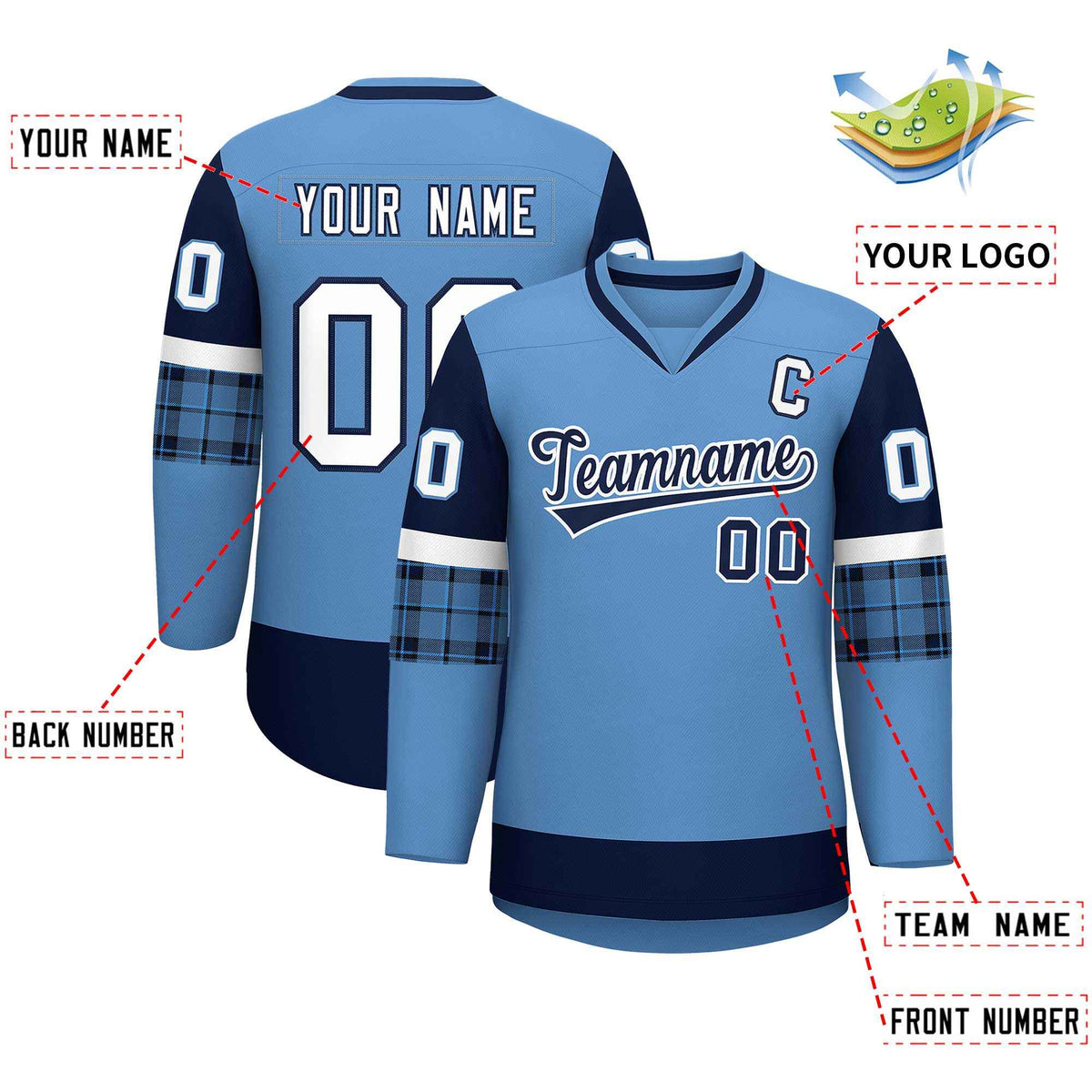 Custom Light Blue Navy-White Personalized Raglan Sleeves V-Neck Hockey Jersey | KXKSHOP