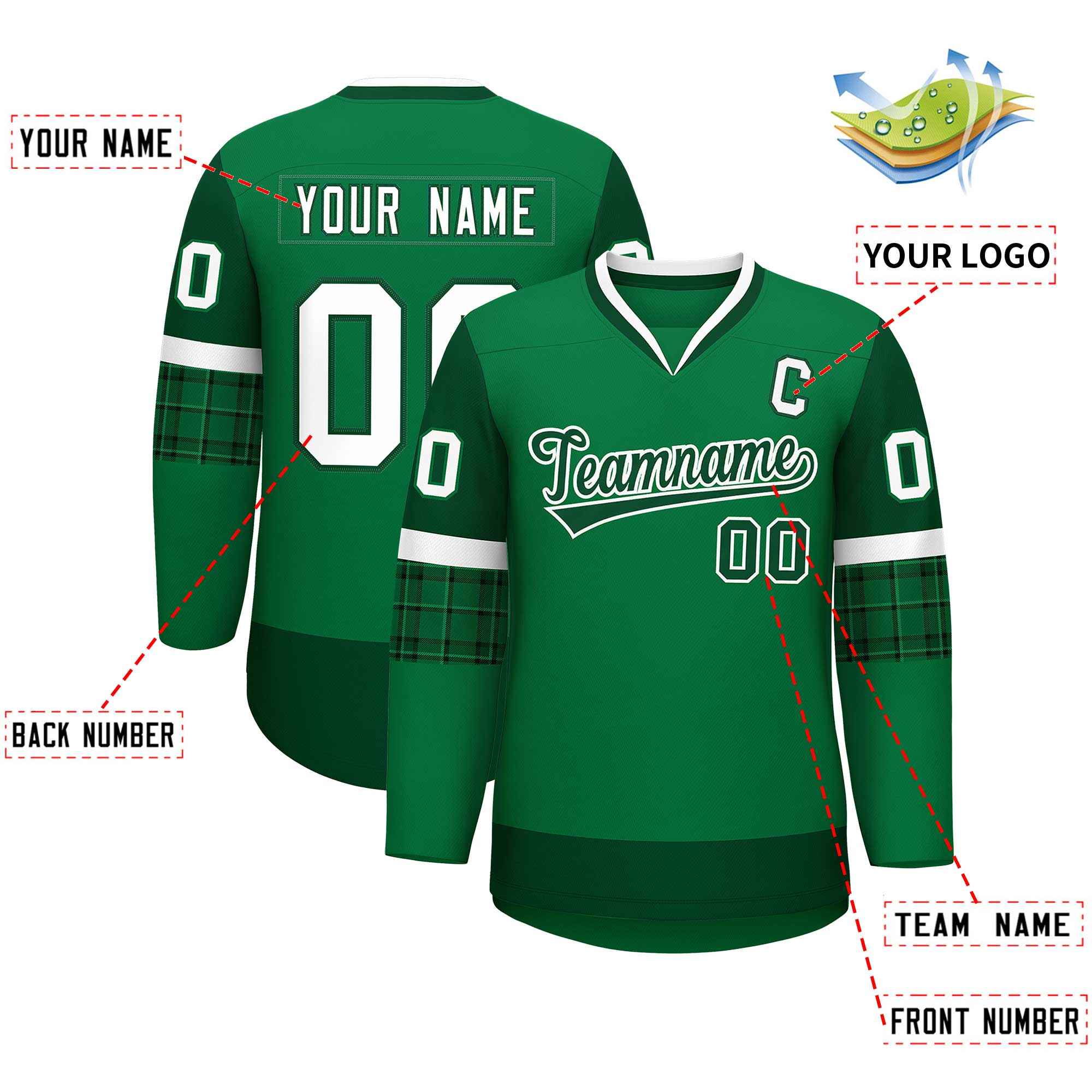 Custom Teal Green-White Personalized Raglan Sleeves V-Neck Hockey Jersey | KXKSHOP