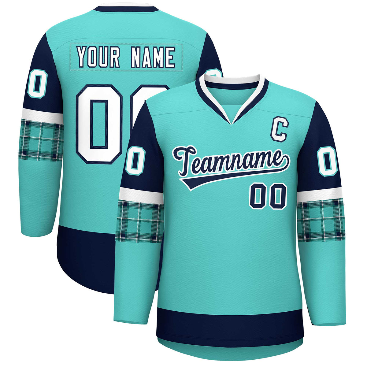 Custom Bright Green Navy-White Personalized Raglan Sleeves V-Neck Hockey Jersey | KXKSHOP
