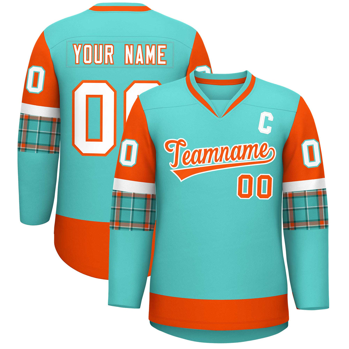 Custom Bright Green Orange-White Personalized Raglan Sleeves V-Neck Hockey Jersey | KXKSHOP
