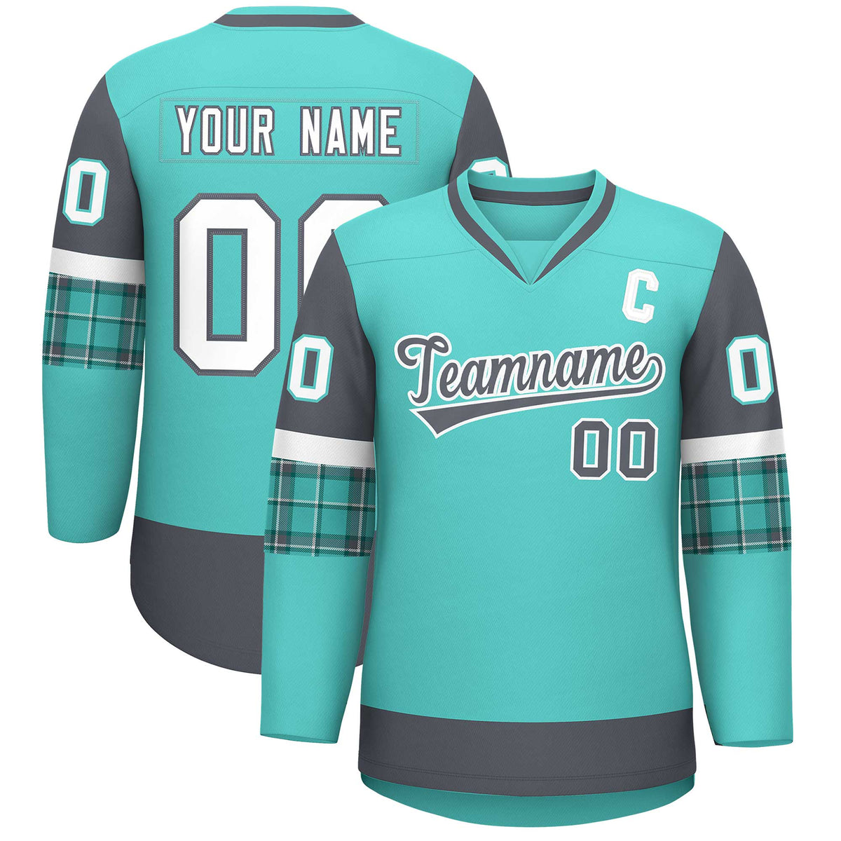 Custom Bright Green Dark Gray-White Personalized Raglan Sleeves V-Neck Hockey Jersey | KXKSHOP