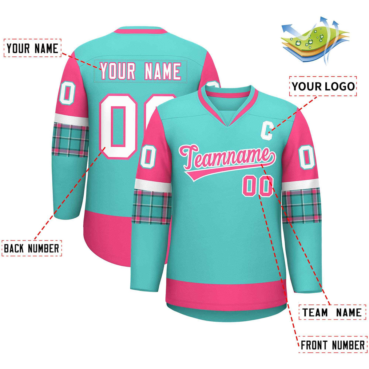 Custom Bright Green Pink-White Personalized Raglan Sleeves V-Neck Hockey Jersey | KXKSHOP
