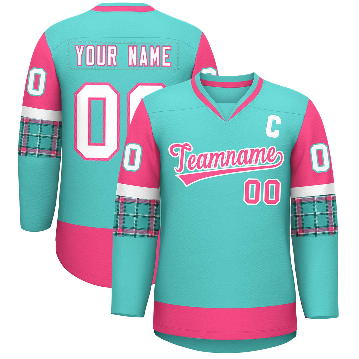 Custom Bright Green Pink-White Personalized Raglan Sleeves V-Neck Hockey Jersey | KXKSHOP
