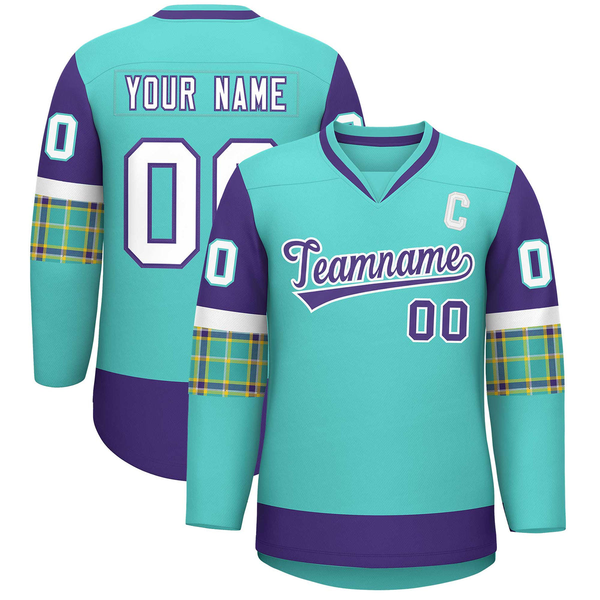 Custom Bright Green Purple-White Personalized Raglan Sleeves V-Neck Hockey Jersey | KXKSHOP