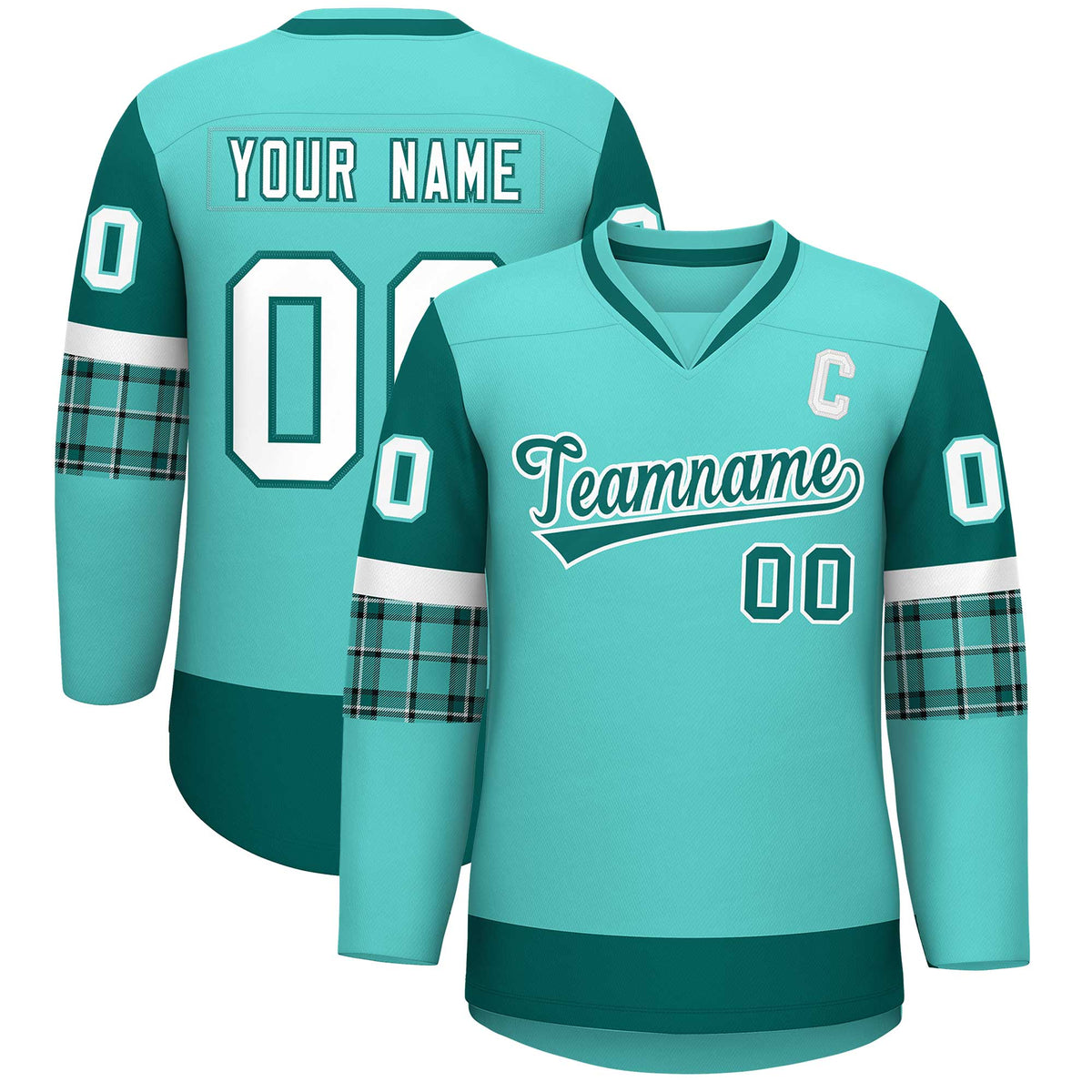 Custom Bright Green Aqua-White Personalized Raglan Sleeves V-Neck Hockey Jersey | KXKSHOP