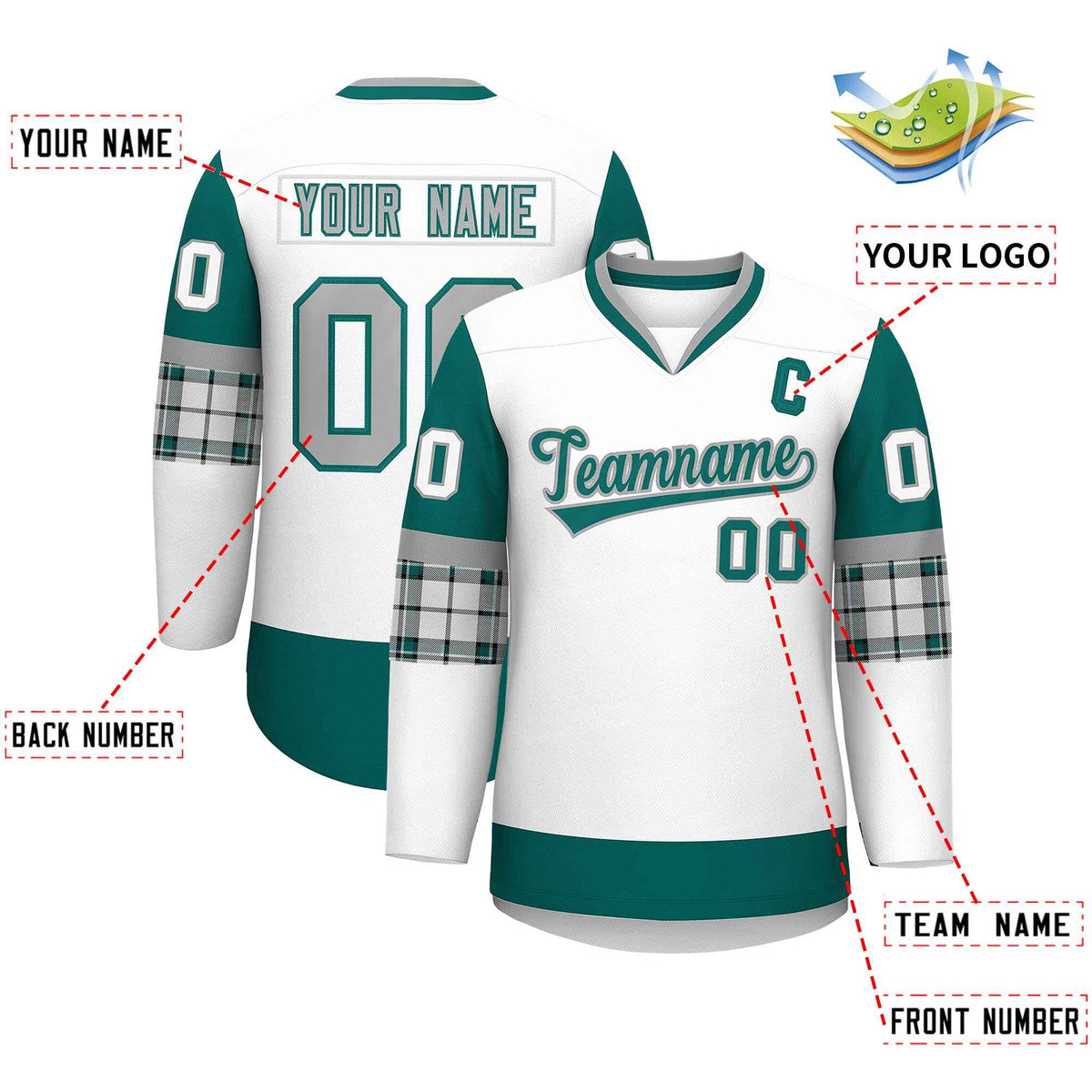 Custom White Aqua-Gray Personalized Raglan Sleeves V-Neck Hockey Jersey | KXKSHOP
