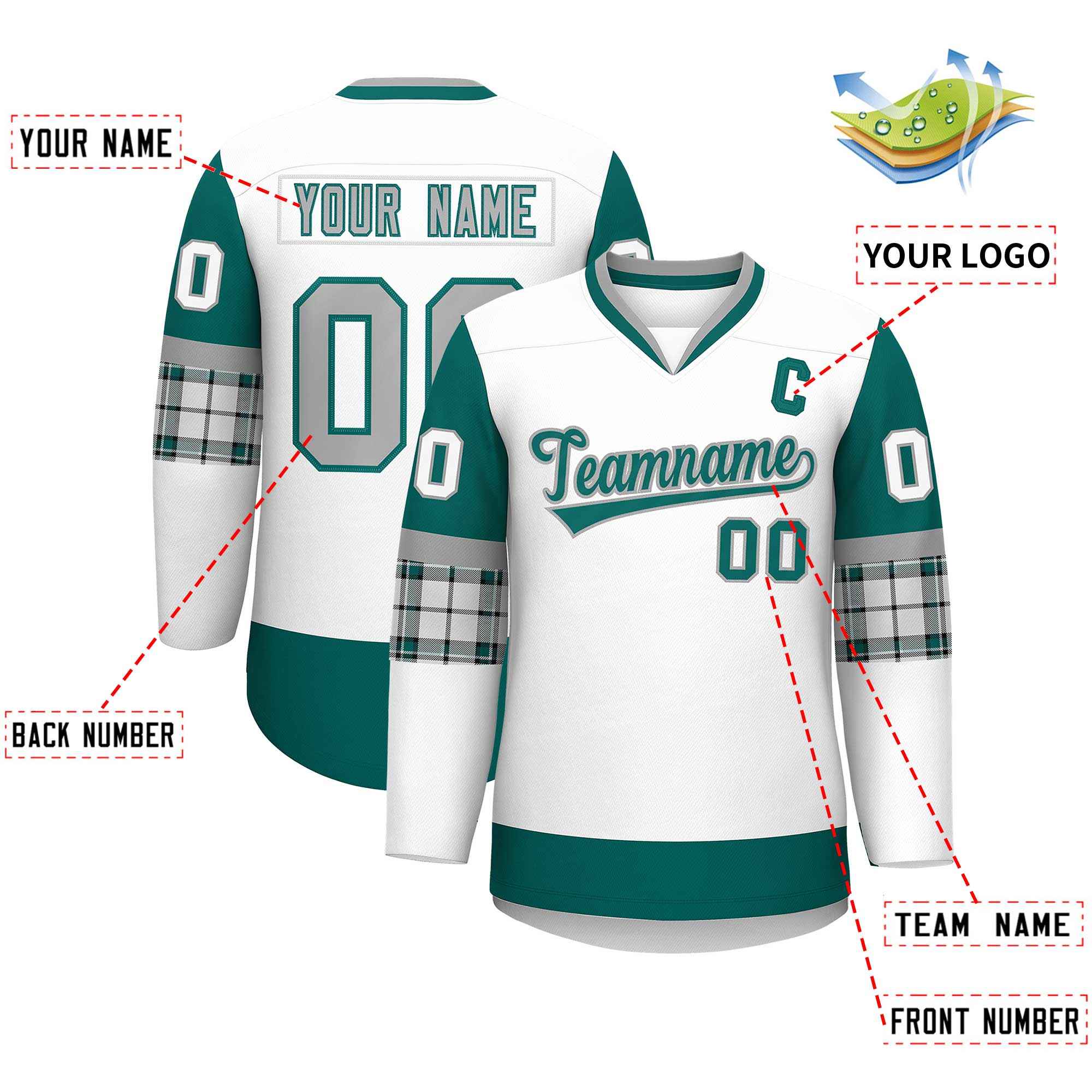 Custom White Aqua-Gray Personalized Raglan Sleeves V-Neck Hockey Jersey | KXKSHOP